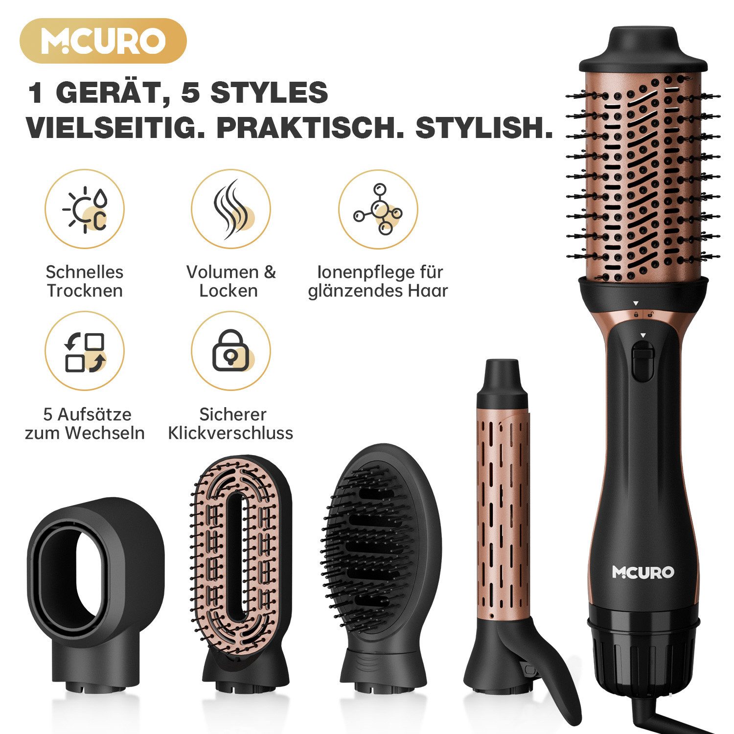 MCURO Multihaarstyler Warmluftbürste,5 in 1 Hairstyler, Фени für One-Step Styling, 1200W Leistung für schnelles Styling 3 Temperaturen,Keramik
