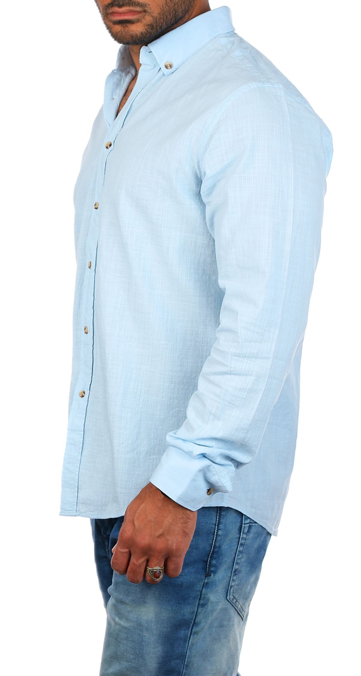 CARISMA Langarmhemd Herren Leinen Baumwoll Mix Casual Hemd 8529 Regular Button-Down-Kragen Langarm Uni