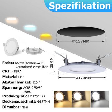 Randaco LED Einbaustrahler LED Einbauleuchten, 12W 10er Set, Ultra Flach 25mm, Ø170mm 3 Farben