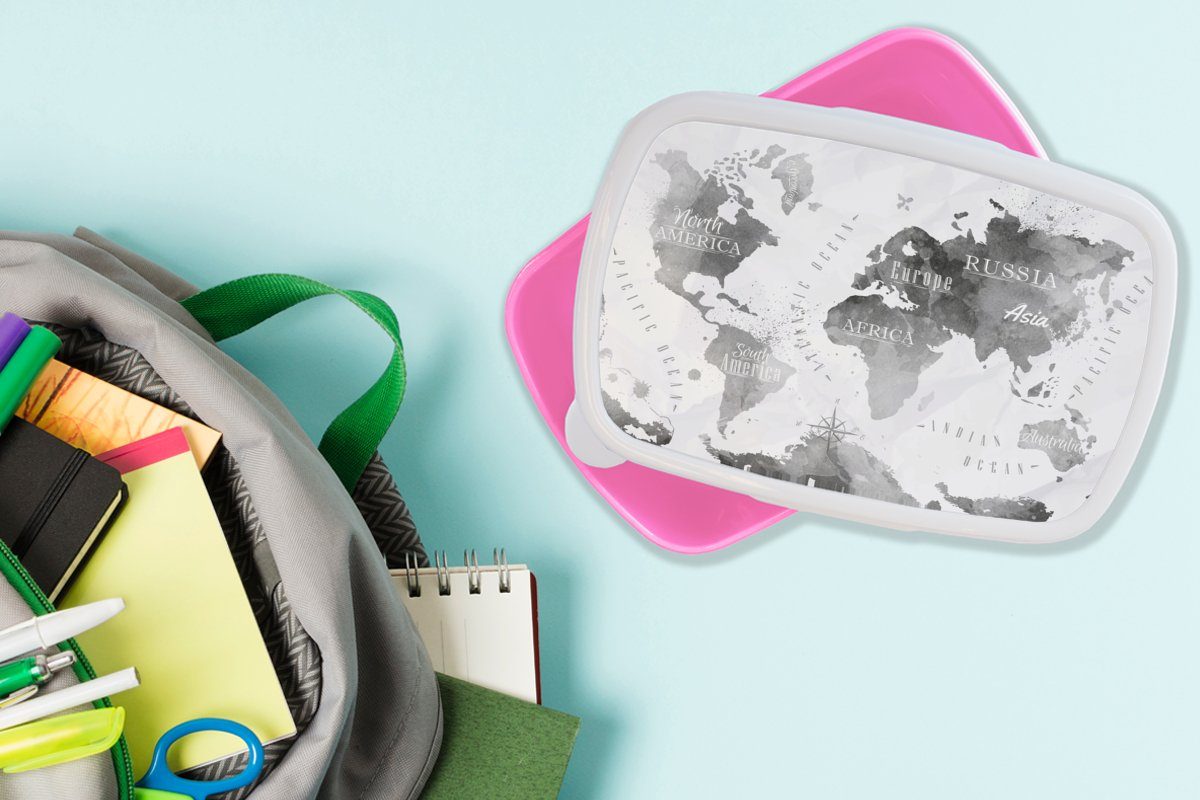 - Kunststoff rosa Weltkarte - Lunchbox Kinder, Brotbox MuchoWow (2-tlg), für Kunststoff, Snackbox, Brotdose Mädchen, Ölfarbe, Schwarz Erwachsene,