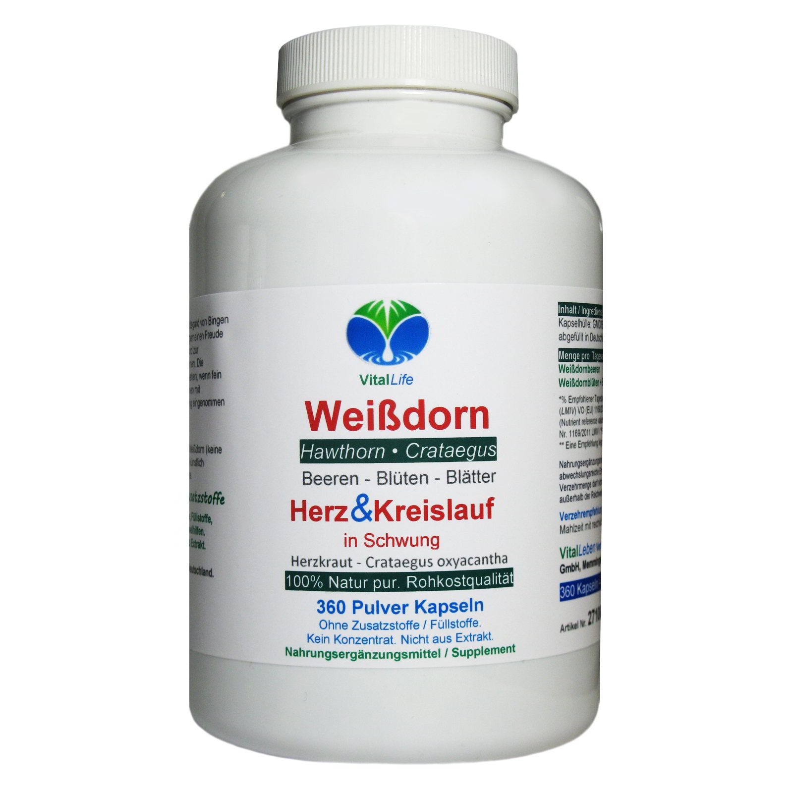 VitalLife Weissdorn Weißdorn NATUR pur Weißdornbeeren & Weißdornblätter Kapseln, 1 er Dose à 360 St., 173 g, Art. 27100-360