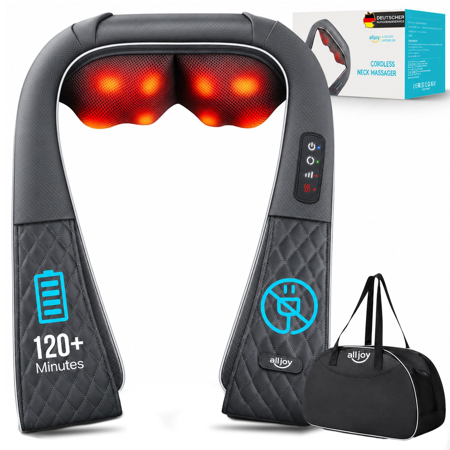 ALLJOY Nacken-Massagegerät 2200mAh Nackenmassagegerät mit Wärme,4D Shiatsu Massagegerät kabellos, Nacken Schulter,120 Min. Laufzeit,Tiefenmassage,Muskelverspannungen