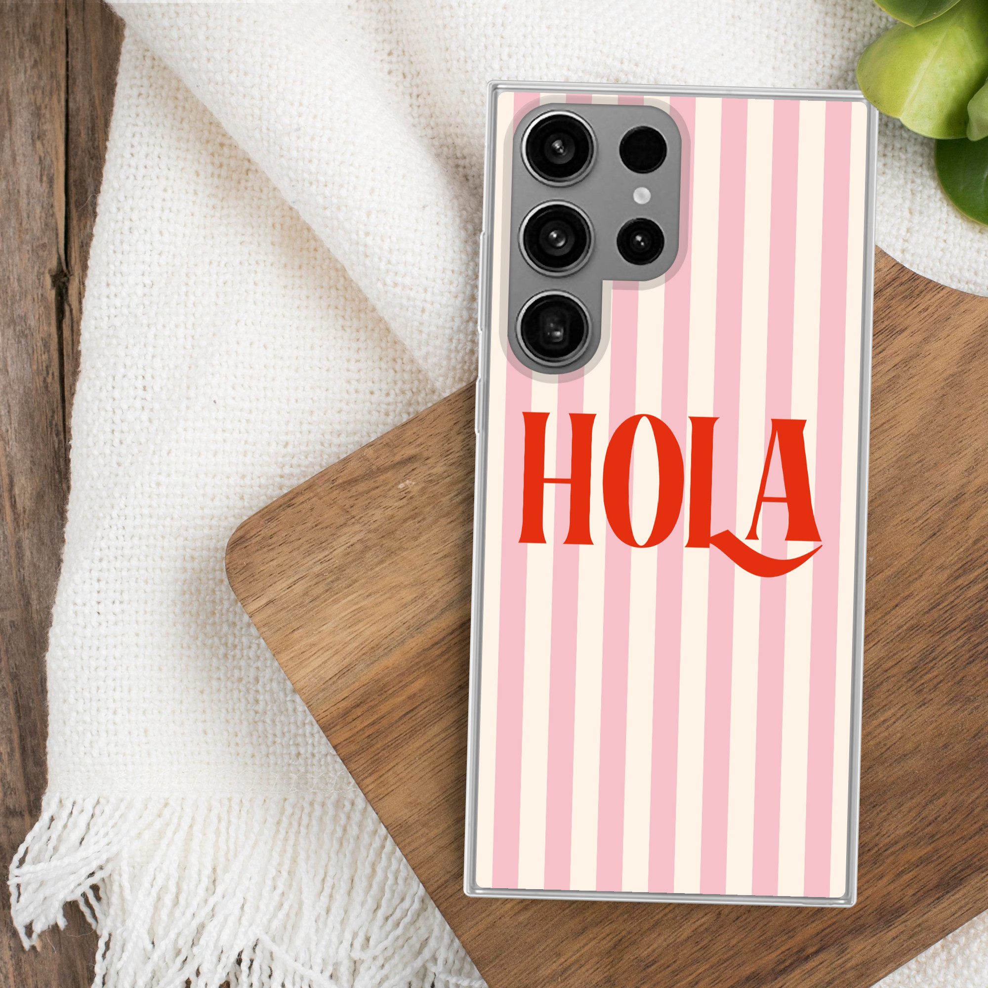 MuchoWow Handyhülle für Samsung Galaxy S23 Ultra Hola - Zitat - Streifen - Pastell - Rosa