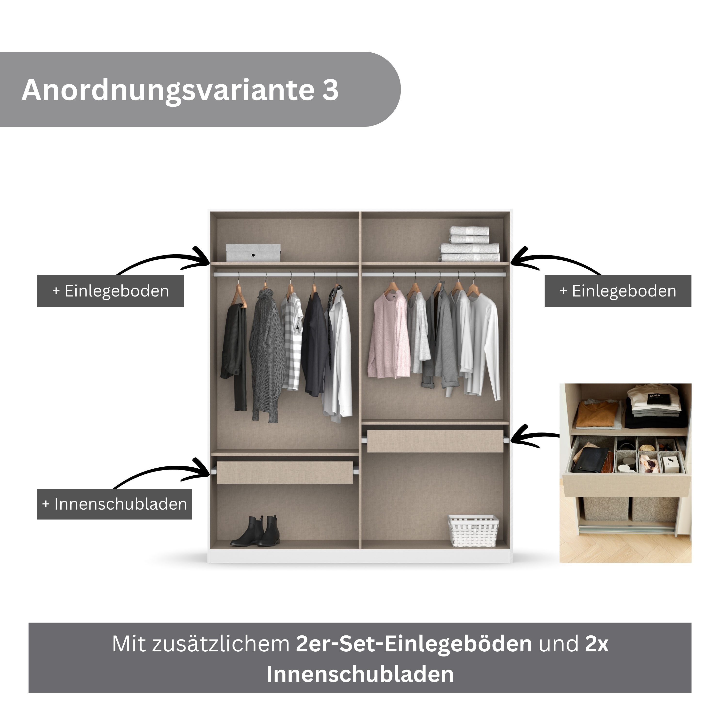 rauch Drehtürenschrank Kleiderschrank Schrank Garderobe KOLUNA mit hochwertiger Glasfront (Breiten 181/226/271/315 cm Höhen 210/229 cm) inkl. 2 Innenschubladen sowie extra Einlegeböden MADE IN GERMANY