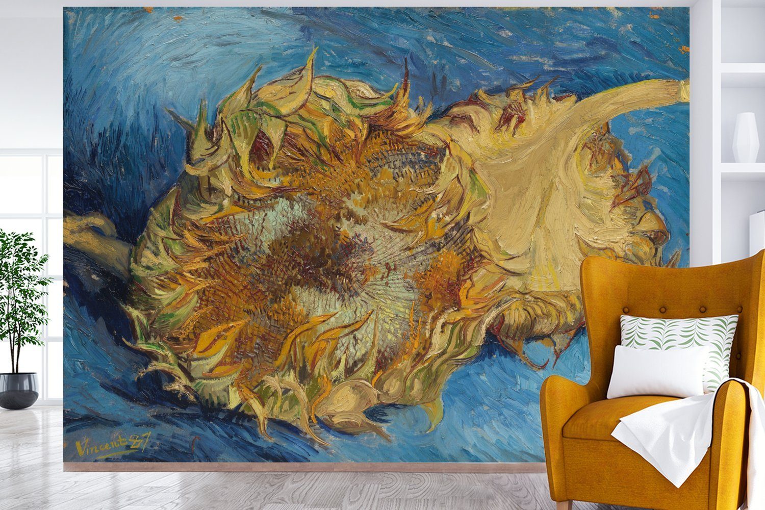 St), Tapete Vincent Matt, Wohnzimmer, Fototapete Vinyl Montagefertig Zwei Gogh, bedruckt, (6 van für Sonnenblumen Wandtapete - MuchoWow