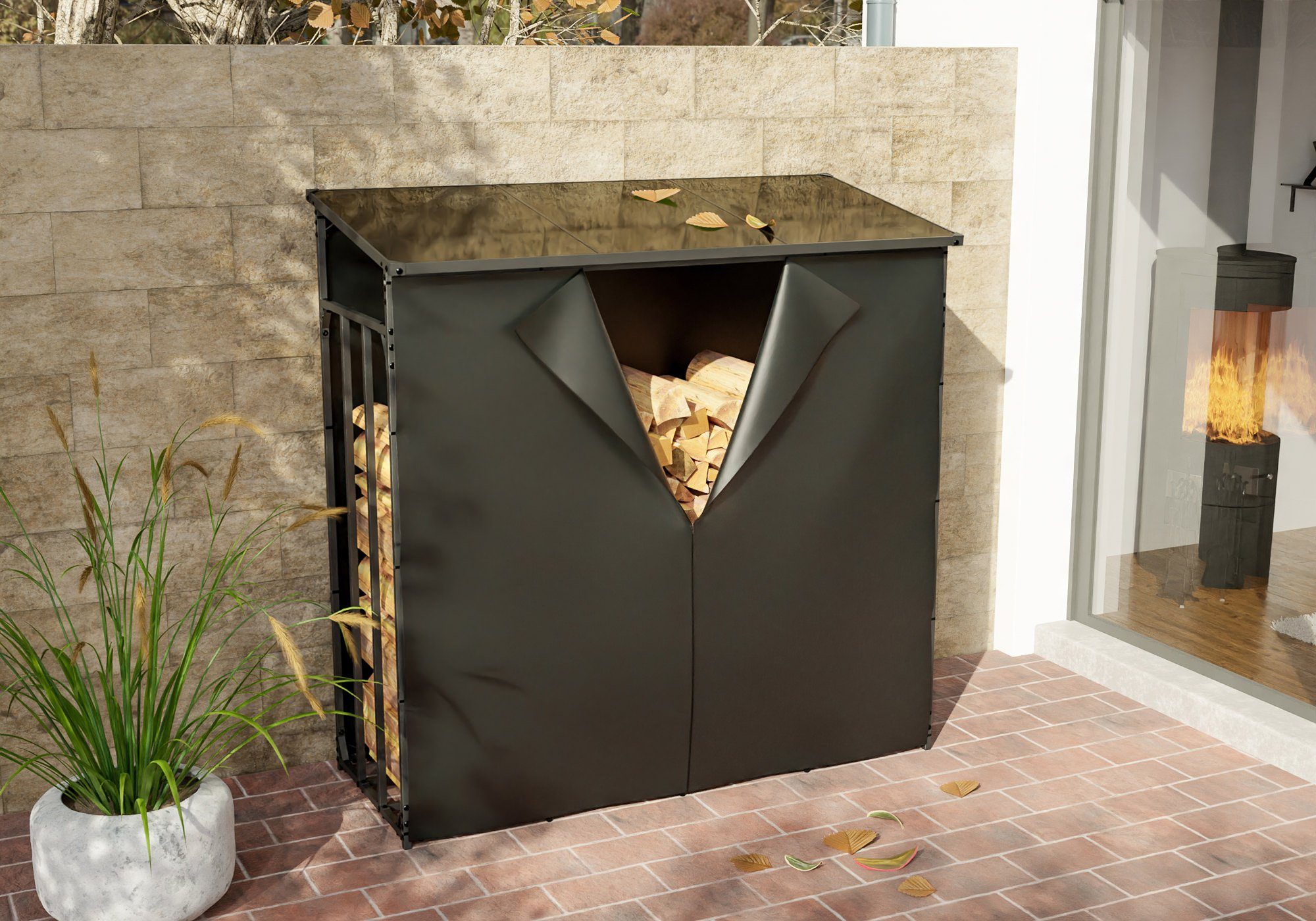 CLP Kaminholzregal Ruston Aluminium, BxTxH:165x70x165 cm, (1er), mit Plane