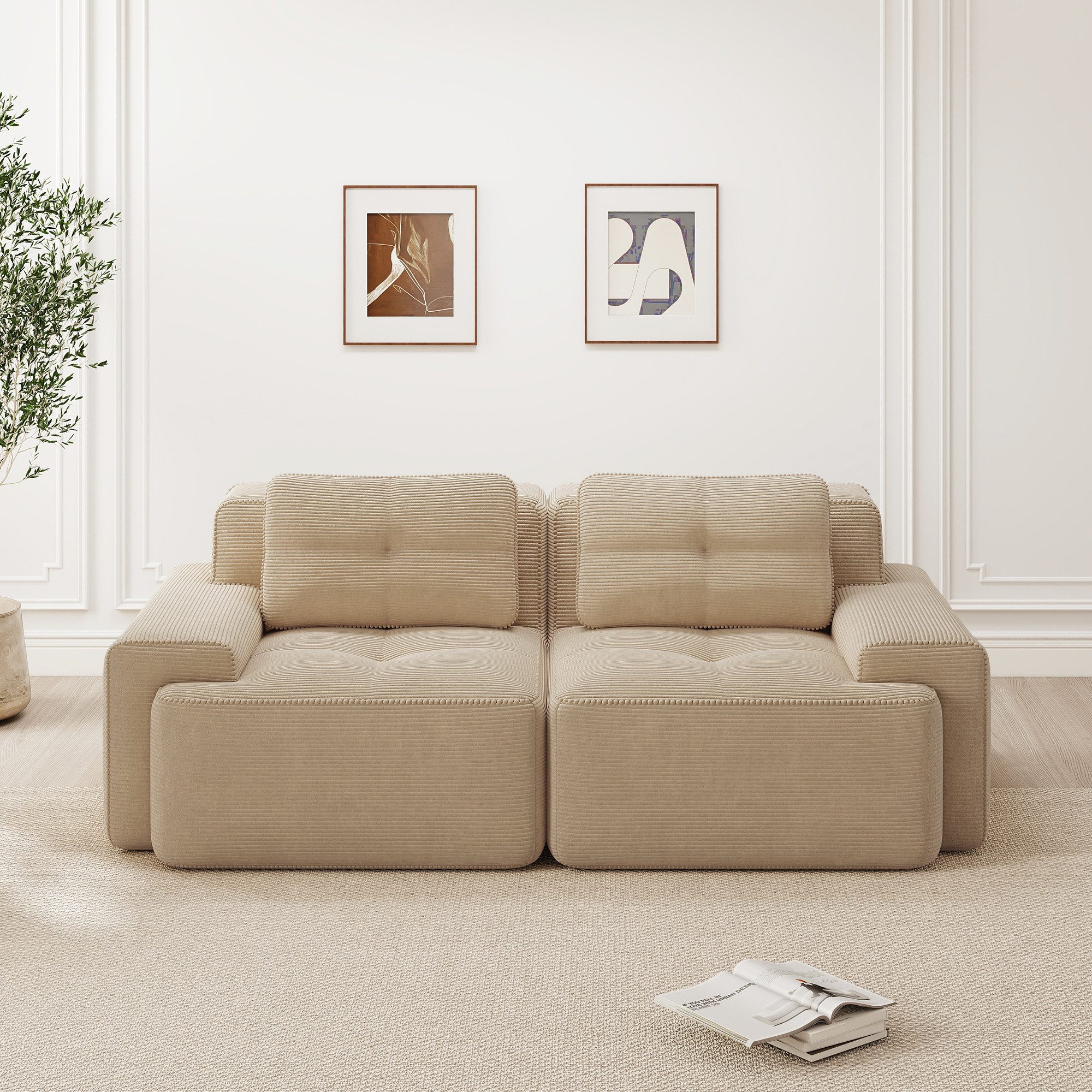 HAUSS SPOLE Loungesofa mit Tiefsitz,Zweisitzer Cord-Relaxsofa mit rutschfeste Basis,Beige