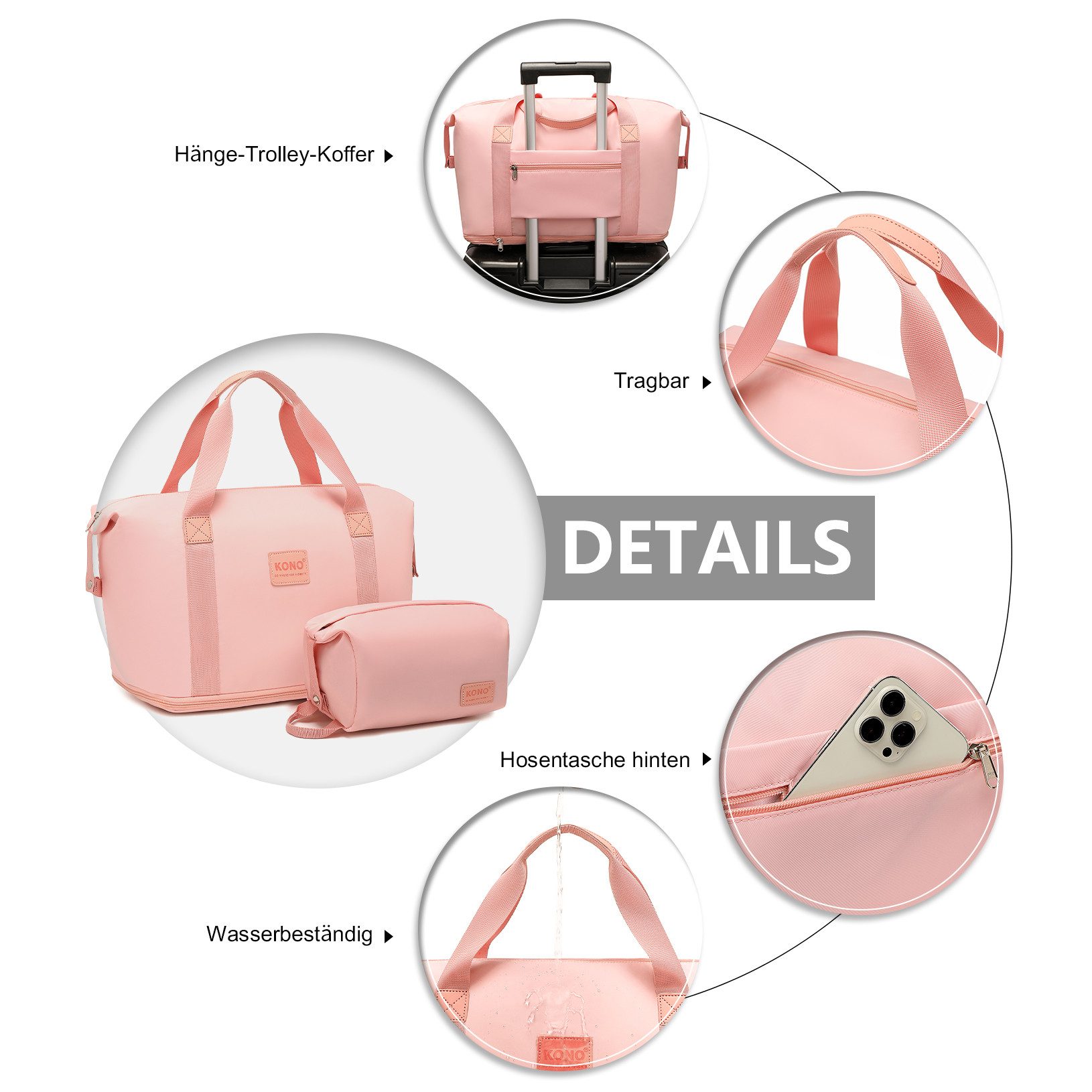 KONO Reisetasche 2-in-1 Set: Erweiterbare Handgepäck-Tasche (36L) + Kosmetiktasche, Praktisches und leichtes Design
