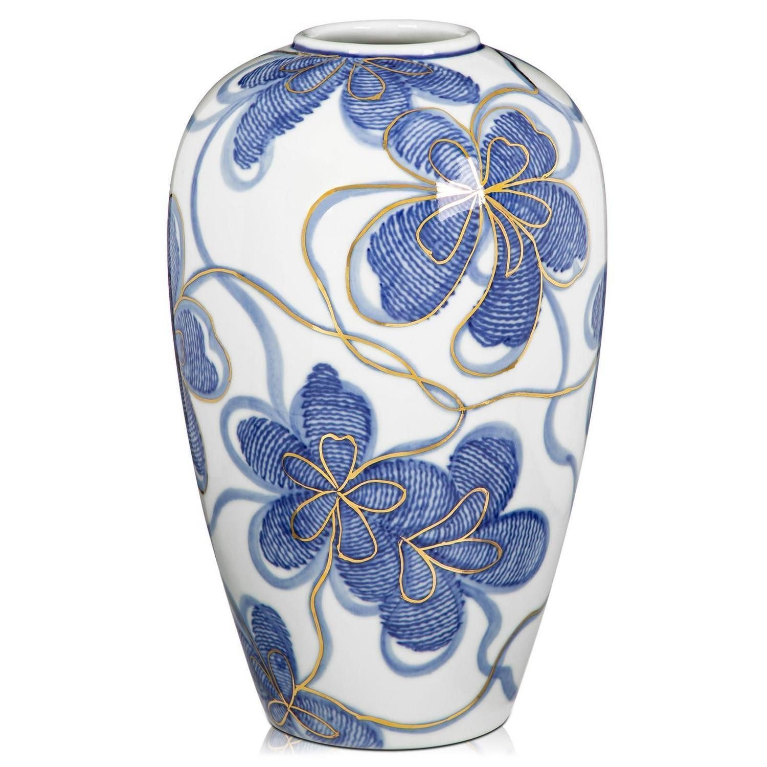 LuxusKollektion Dekovase Keramikvase Blau-Weiß Gold 23cm Handbemalt Asien
