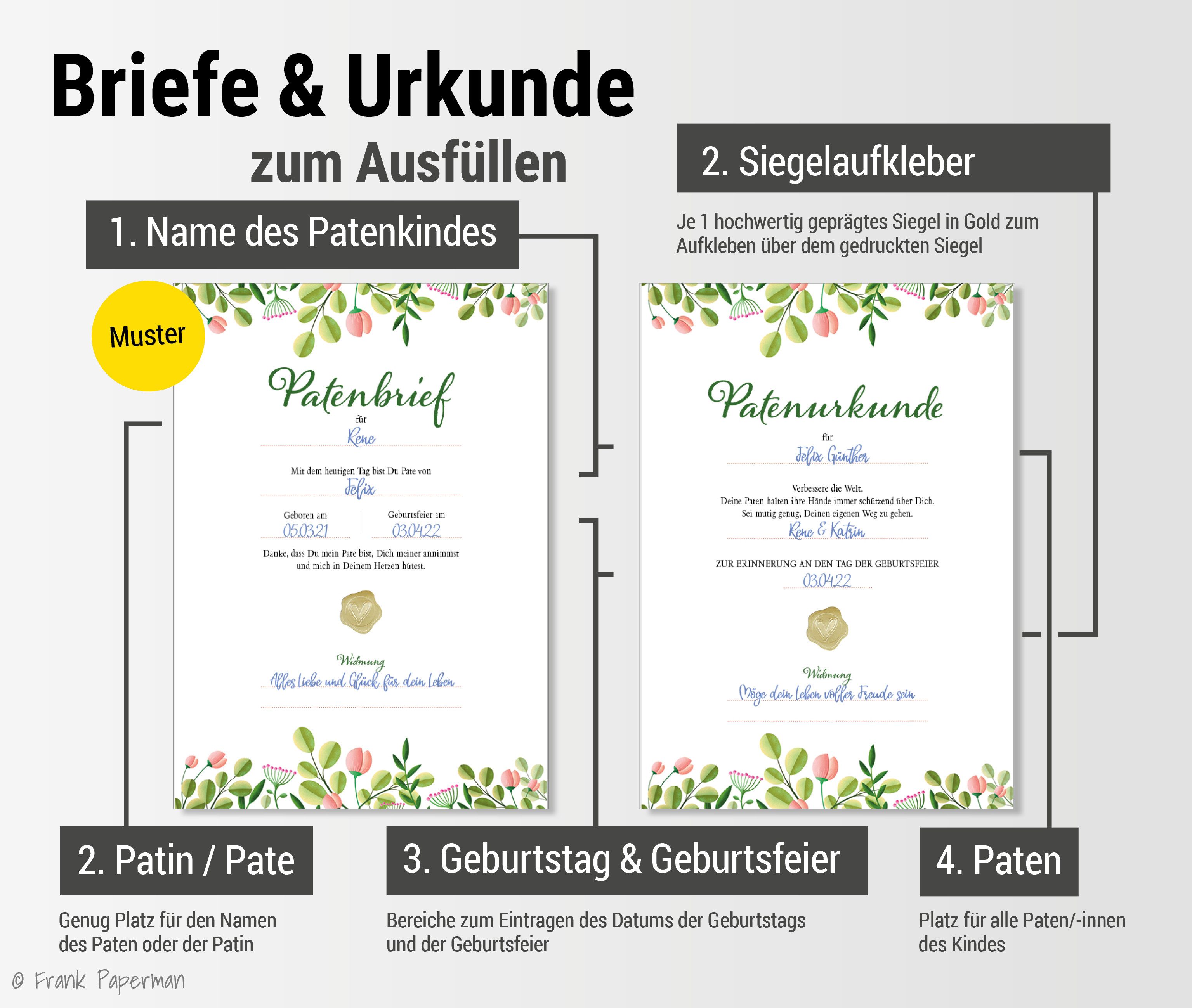 Frank Paperman Taufkarte Patenbrief Taufpaten, Urkunden Set, Goldsiegel, Paten Patenkind, Taufe, Modern Floral, 100 % Recyclingpapier, Geschenk Geburt Erinnerung