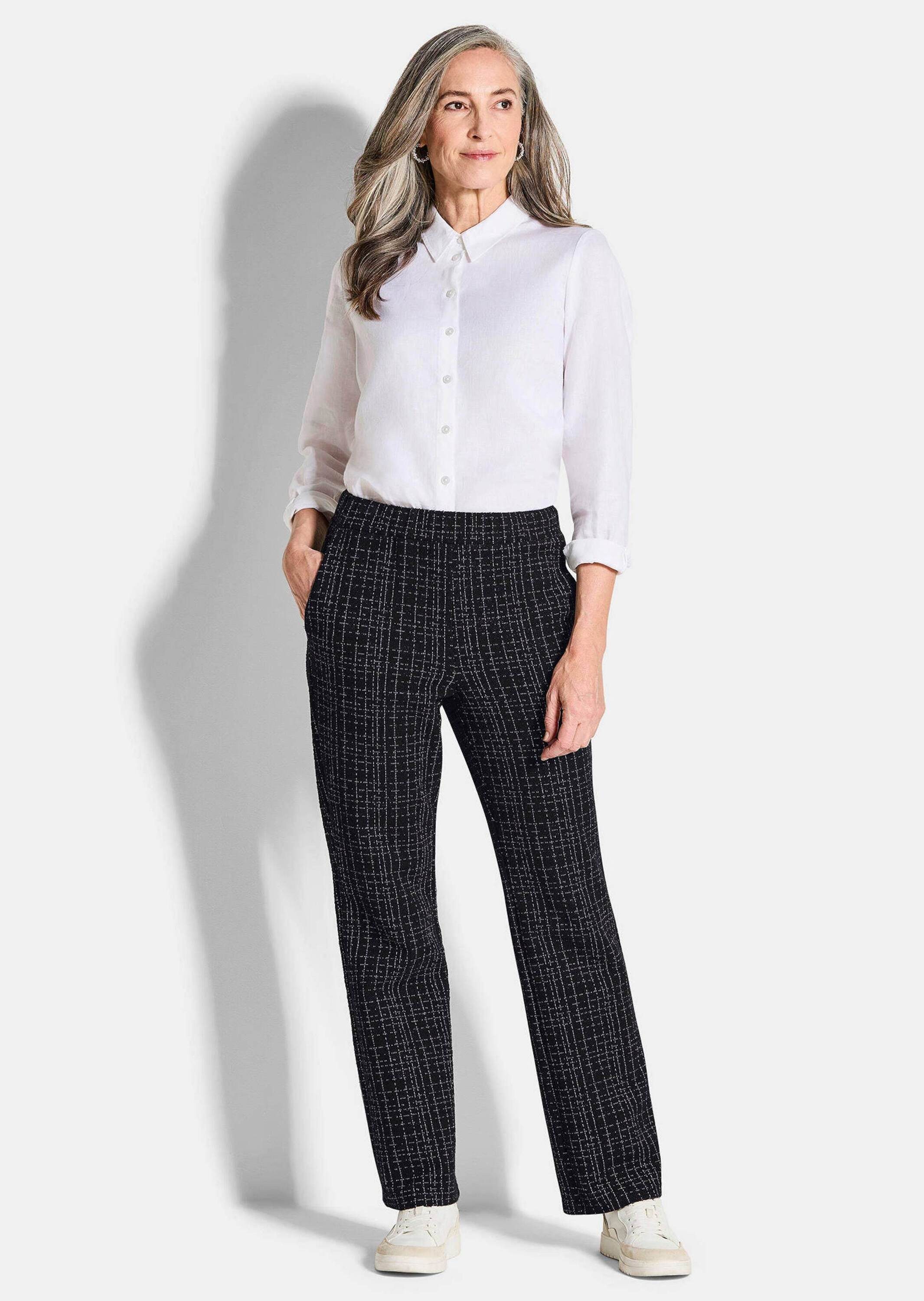 GOLDNER Stoffhose Kurzgröße: Elegante Businesshose VERA in Tweed Stilvolle, gerade Hose mit Karomuster und Glanzgarn, hoher Bund