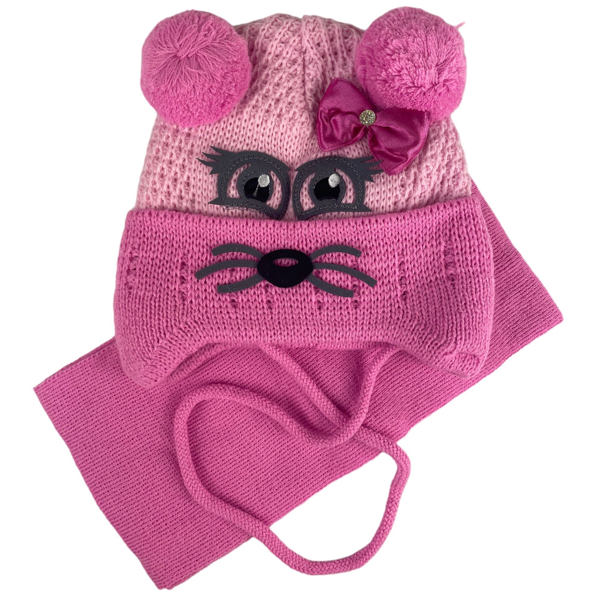 Mütze Set) & Set und (2 mit rosa/rosa Maus Schal Kinder Gesicht Schal KK11 Ohren teiliges Mütze & Taschen4life Bommel