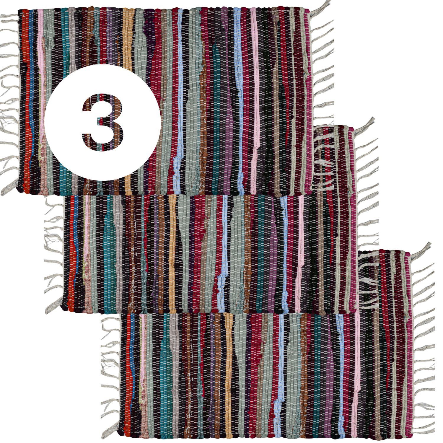 Marrakesch Orient & Mediterran Interior Badematte 3er Set Callum Bunt Teppich 90×50cm, Boho-Vorleger aus Baumwolle, Baumwolle