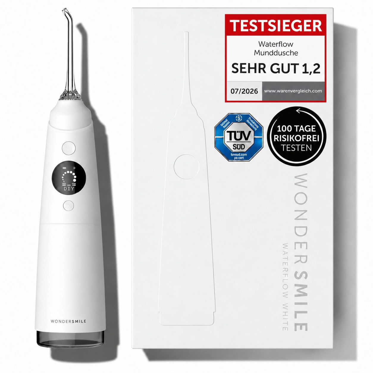 Wondersmile Munddusche Testsieger 2026 - 100 Tage risikofrei testen - SmoothFlow-Technologie, Aufsätze: 1 St., Inteligentes OLED Display