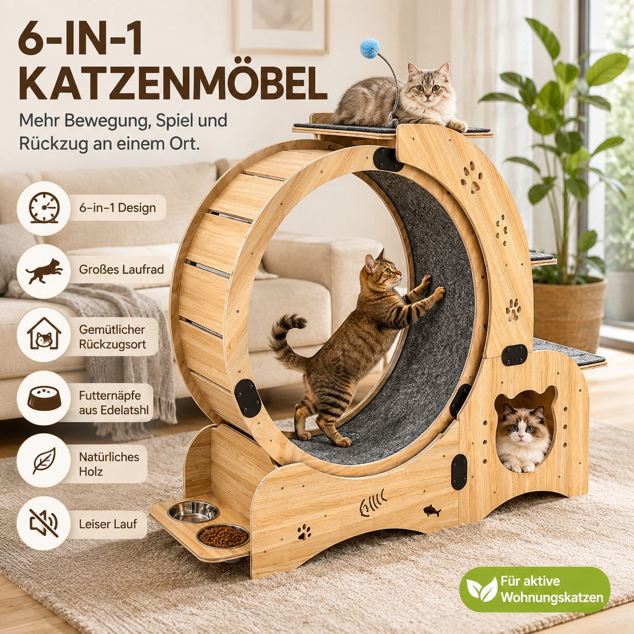 MIBODE Kratzbaum-Liegemulde Katzenlaufrad 6-in-1, Laufrad für Katzen, leiser Lauftrainer aus Holz, 6-in-1 Katzenlaufrad, leise Rollen, Holz, freistehend