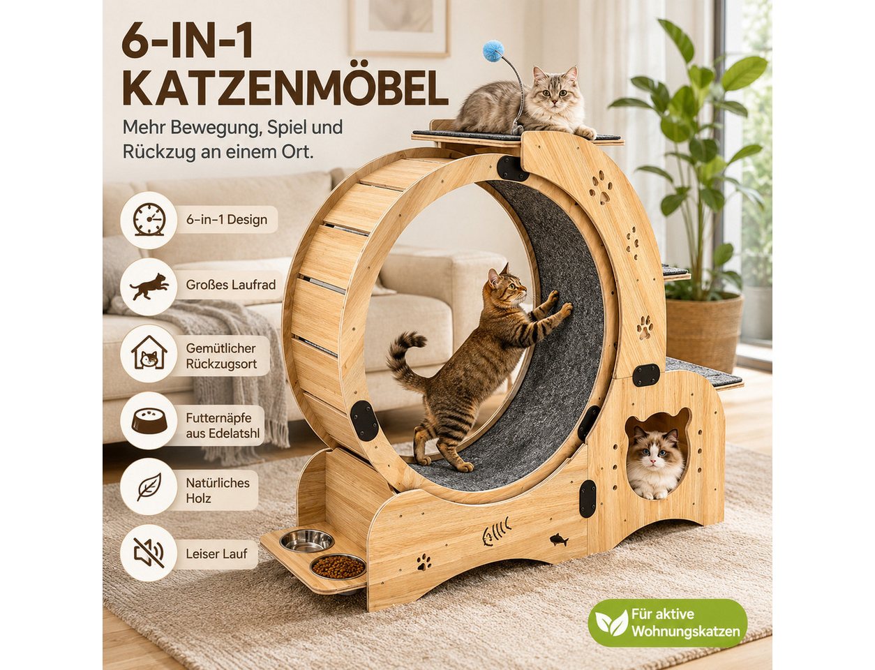 MIBODE Kratzbaum-Liegemulde 6-in-1 Katzenlaufrad, leiser Cat Wheel Lauftrainer für Wohnungskatzen, 6-in-1 Katzenlaufrad, leise Rollen, Holz, freistehend