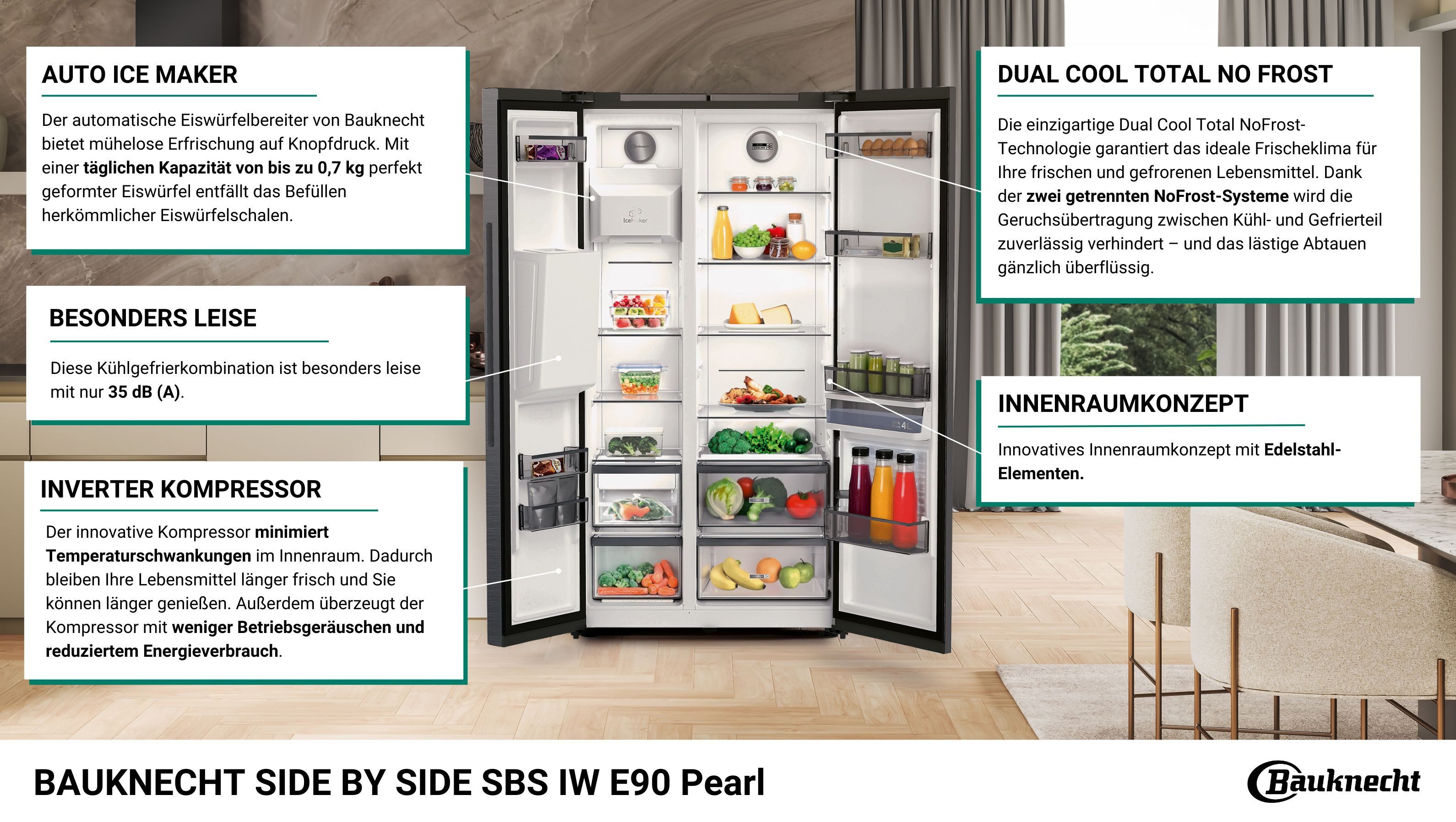 BAUKNECHT Side-by-Side SBS IW E90 Pearl, 179 cm hoch, 91 cm breit