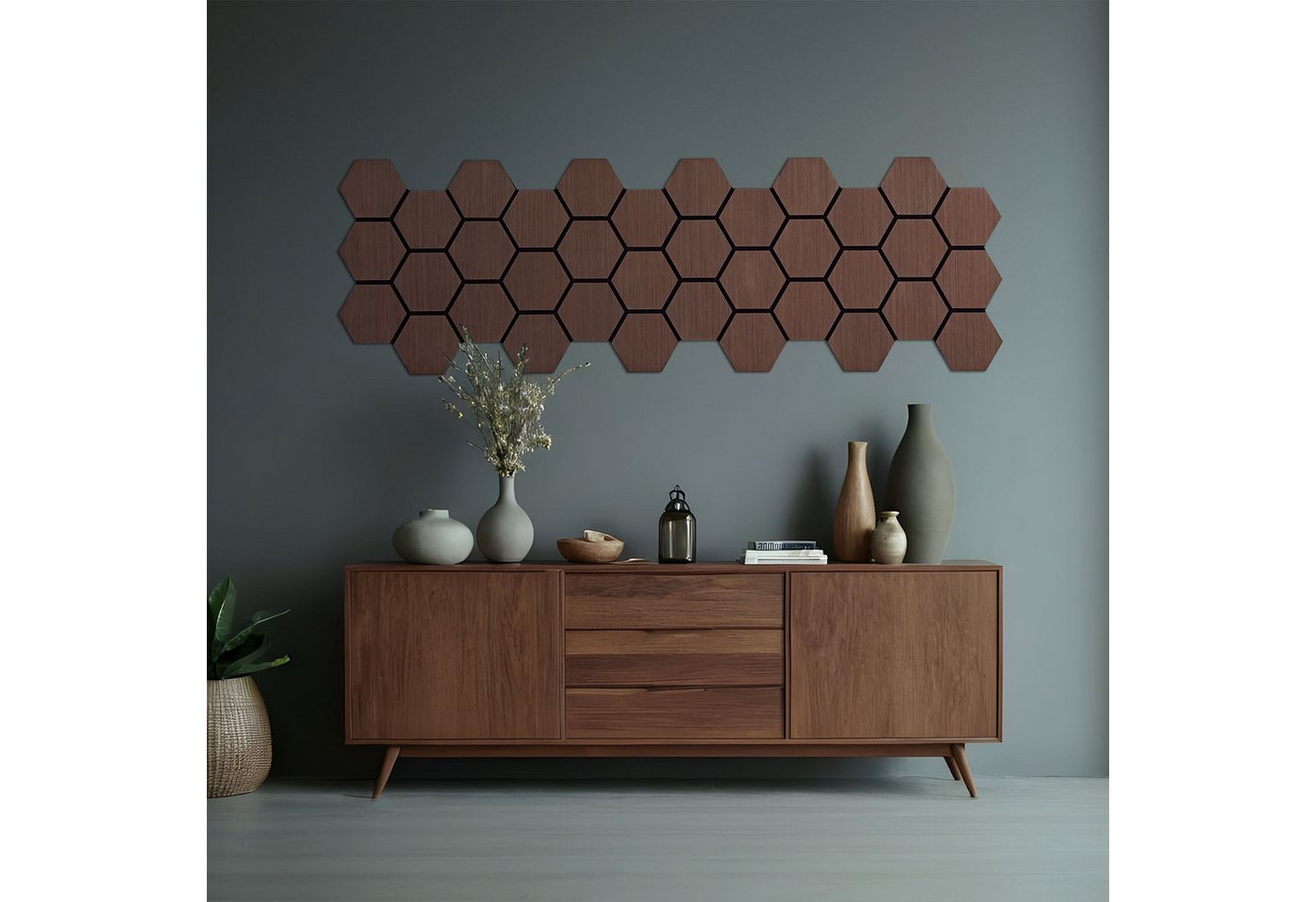 Thumbnail - Homestyle4u Wandpaneel 76x62 cm Hexagon 4er/8er Set Akustikpaneel Holz Schallschutz Filz, (8-tlg) 8er Set 3D Braun Eiche...