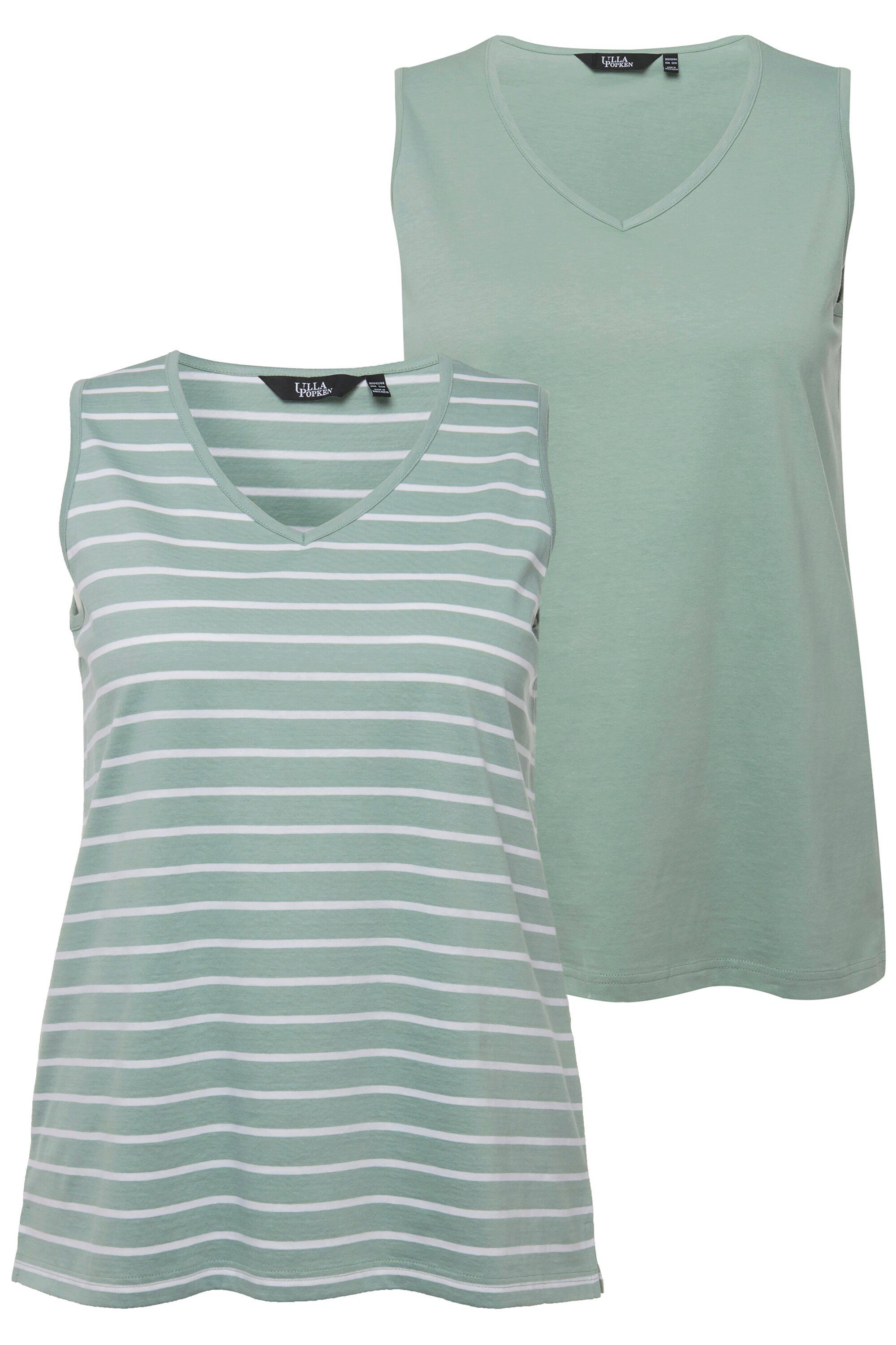 Ulla Popken Longtop Top 2er-Pack Ringel/uni V-Ausschnitt ärmellos (2-tlg)