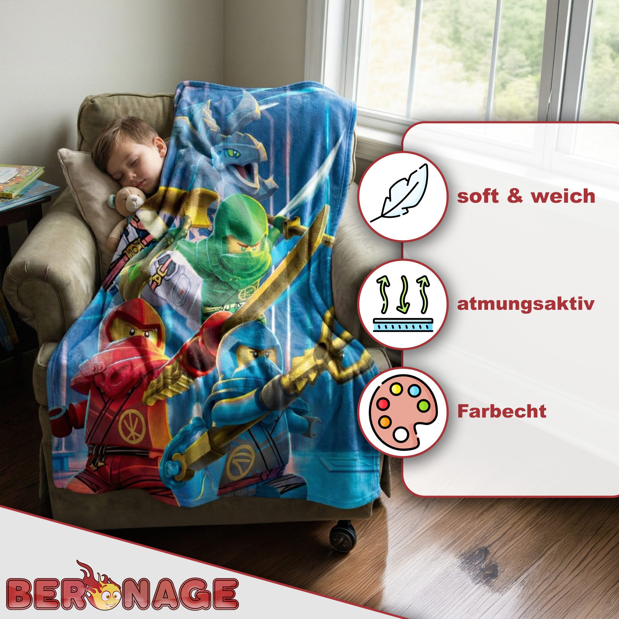 BERONAGE Tagesdecke LEGO Ninjago Kuscheldecke Templefall 150x200 cm Decke , passend zur Bettwäsche, ideal für Sofa, Couch, Bett, Auto, Camping – Bild 3 von 5