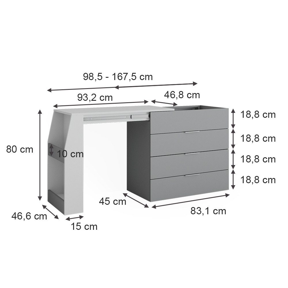 Vicco Schreibtisch Iva, Grau, 98.5-167.5 x 80 x 47 cm ausklappbar, 4 Schubladen (1-St)