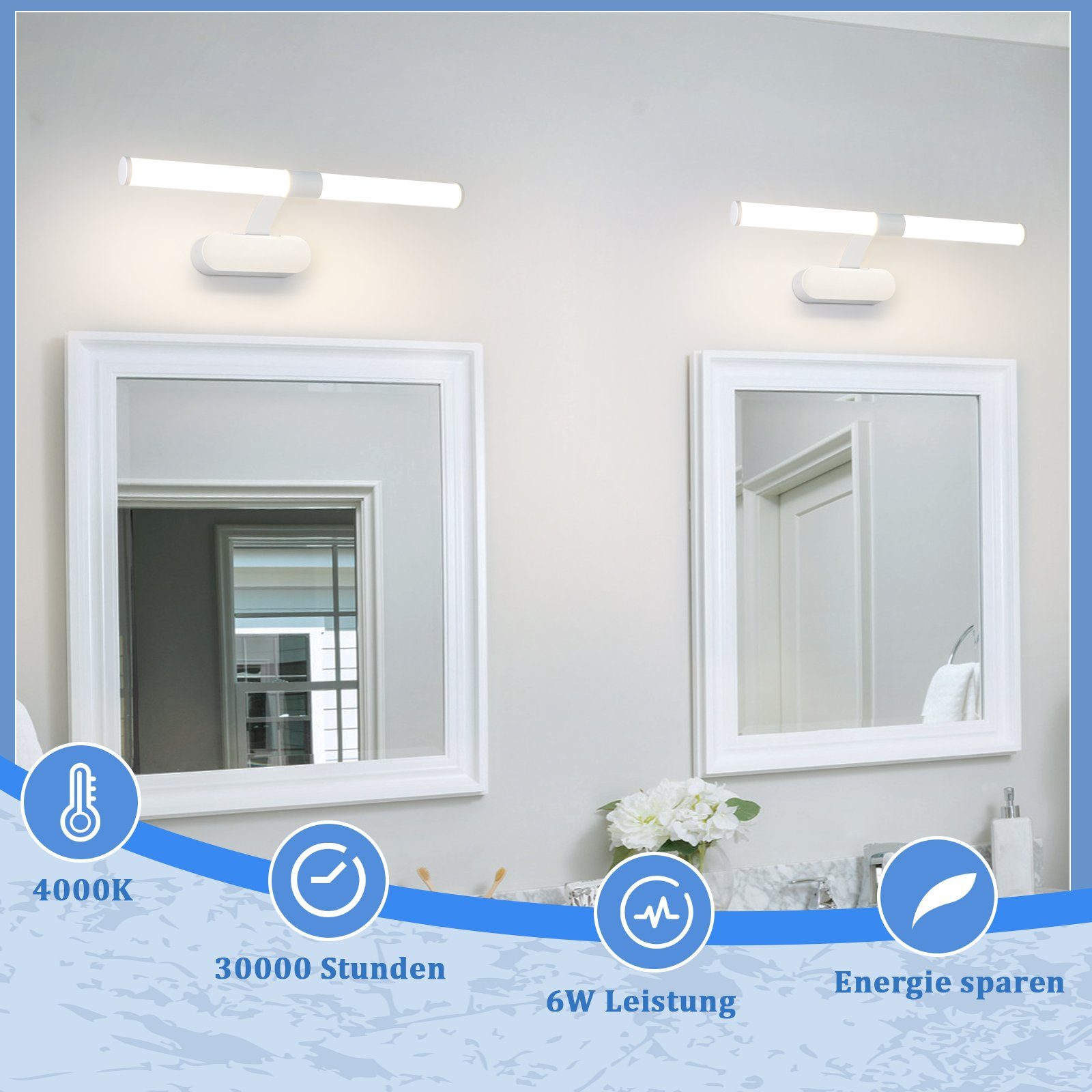 ZMH LED Spiegelleuchte 40CM - Spiegellampe 6W Schlafzimmer, Augenschutz, Einfache Installtion, LED fest integriert, Neutralweiß