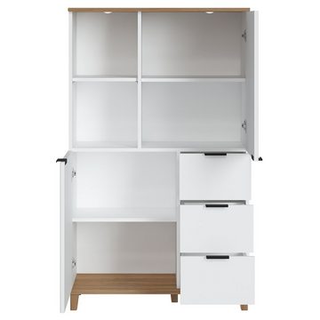 Lomadox Highboard PLYMOUTH-129, mit 3 Schubladen, 2 Türen in weiß mit Eiche Nb., 84,8/141,4/40 cm