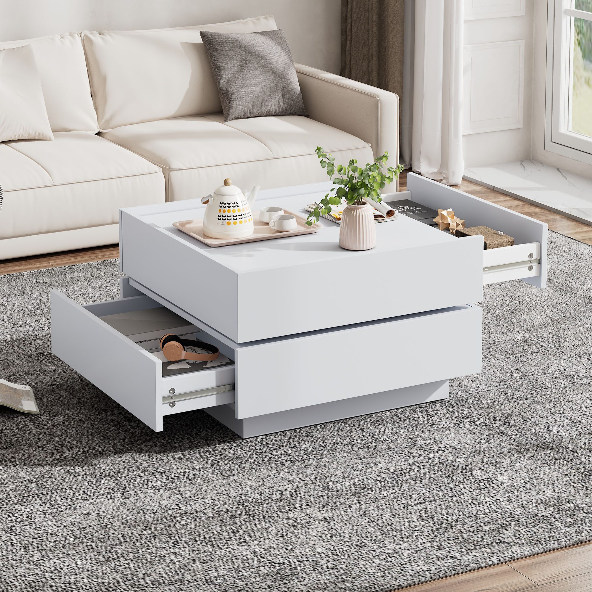 Merax Couchtisch mit drehbarer Tischplatte (60x60x38 cm), Wohnzimmertisch mit 2 Schubladen, Beistelltisch Kaffetisch Satztisch – Bild 4 von 5