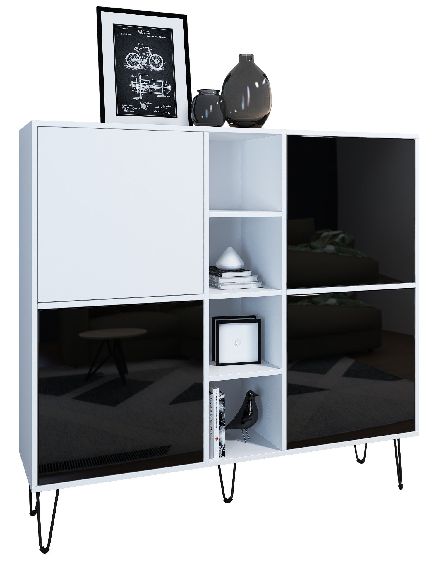 Vladon Highboard Havana V3 (Sideboard mit 4 Türen und 4 offene Fächer, Kommode Made in Germany), Weiß matt / Schwarz Hochglanz (130,5 x 124 x 35 cm)