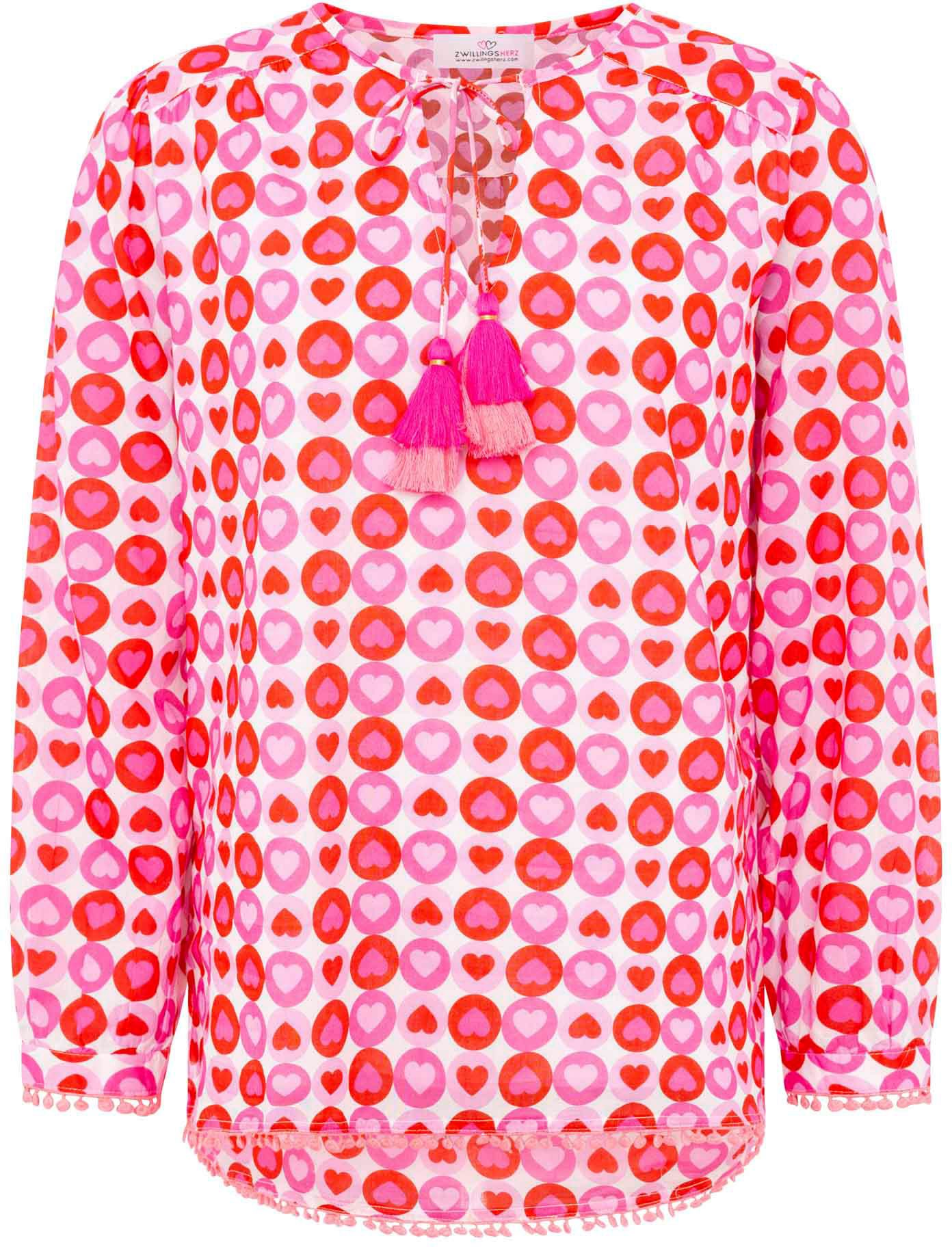 Zwillingsherz Shirtbluse Blumenmuster, Tasseln,Pom Pom Besatz, Langarm günstig online kaufen