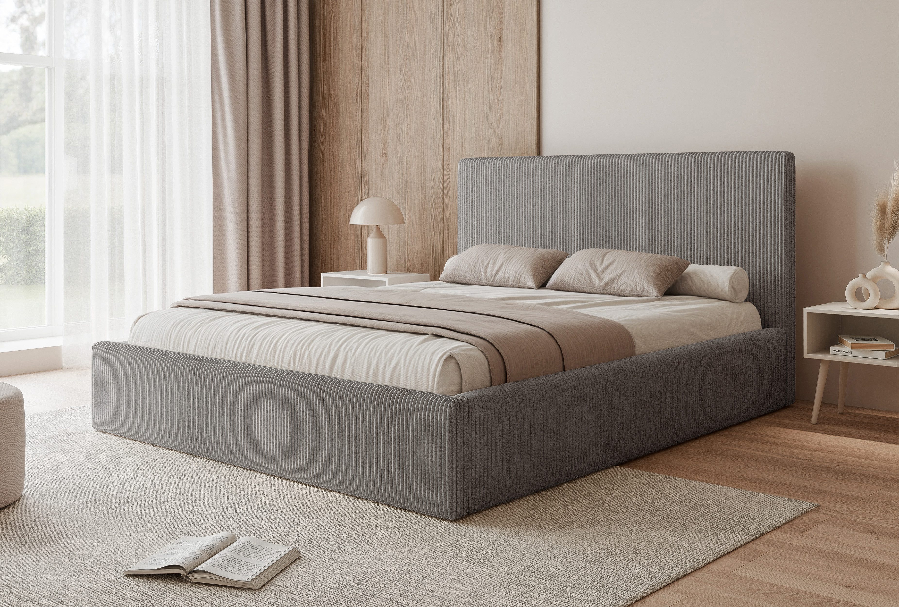 yourhouse24 Polsterbett CORD mit Stauraum TILIA, Modern design (Polsterbett inkl. Lattenrost und Bettkasten), Modernes Polsterbett mit geripptem Cordbezug