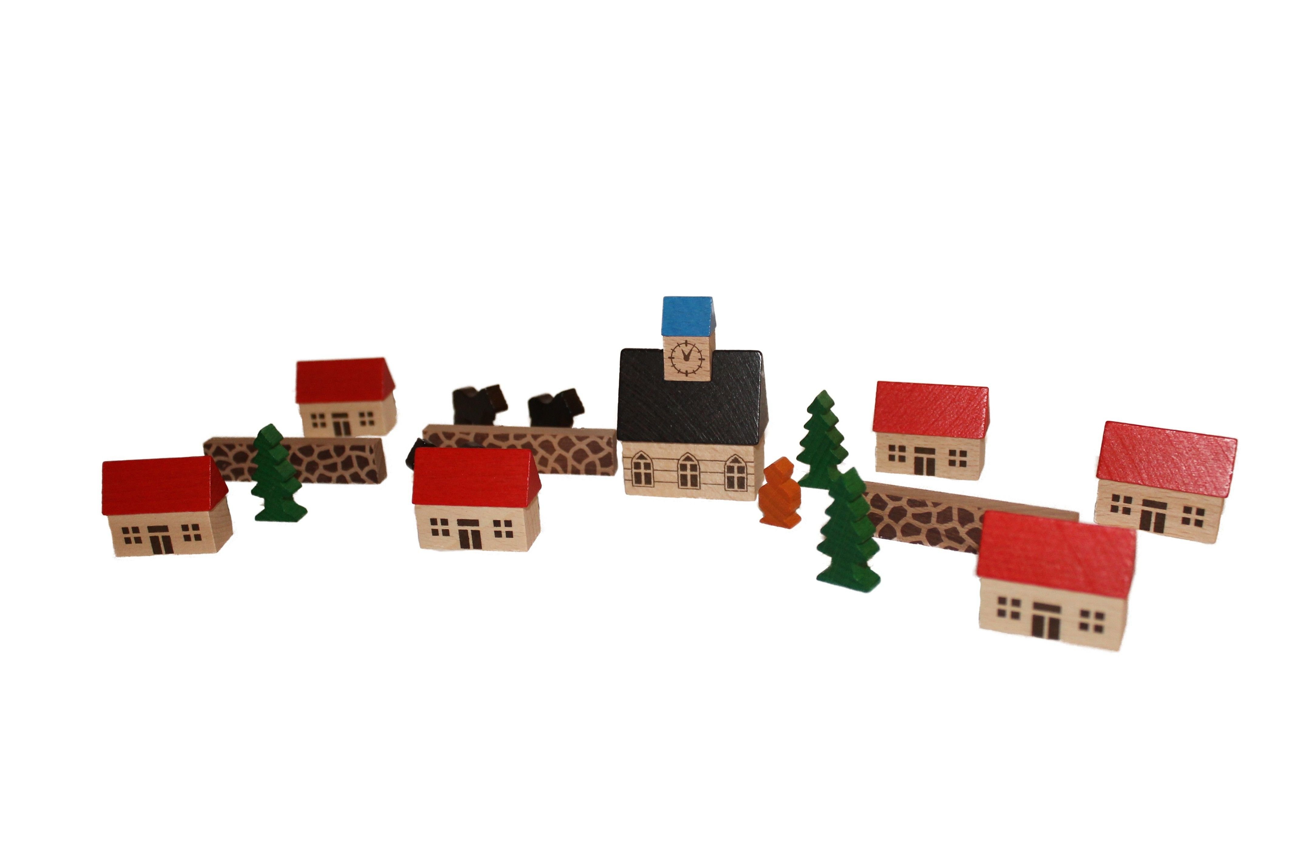 Erzgebirgische Holzspielwaren Ebert GmbH Holzspielzeug Spielzeugdorf mit Kirche im Beutel NEU Holzbaukasten