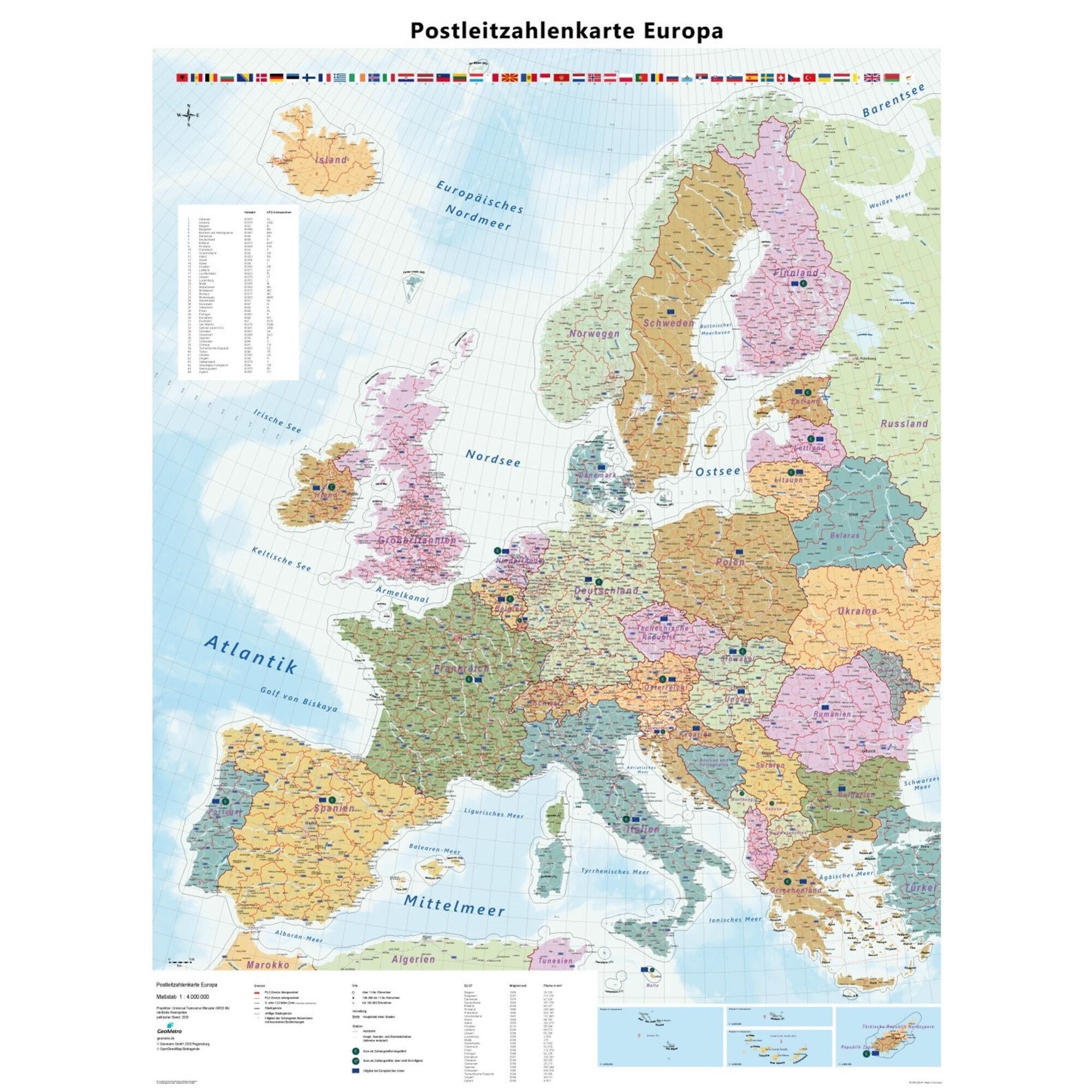 GeoMetro Wandbild GeoMetro Kontinentkarte Europa Postleitzahlen (90 x 123 cm)