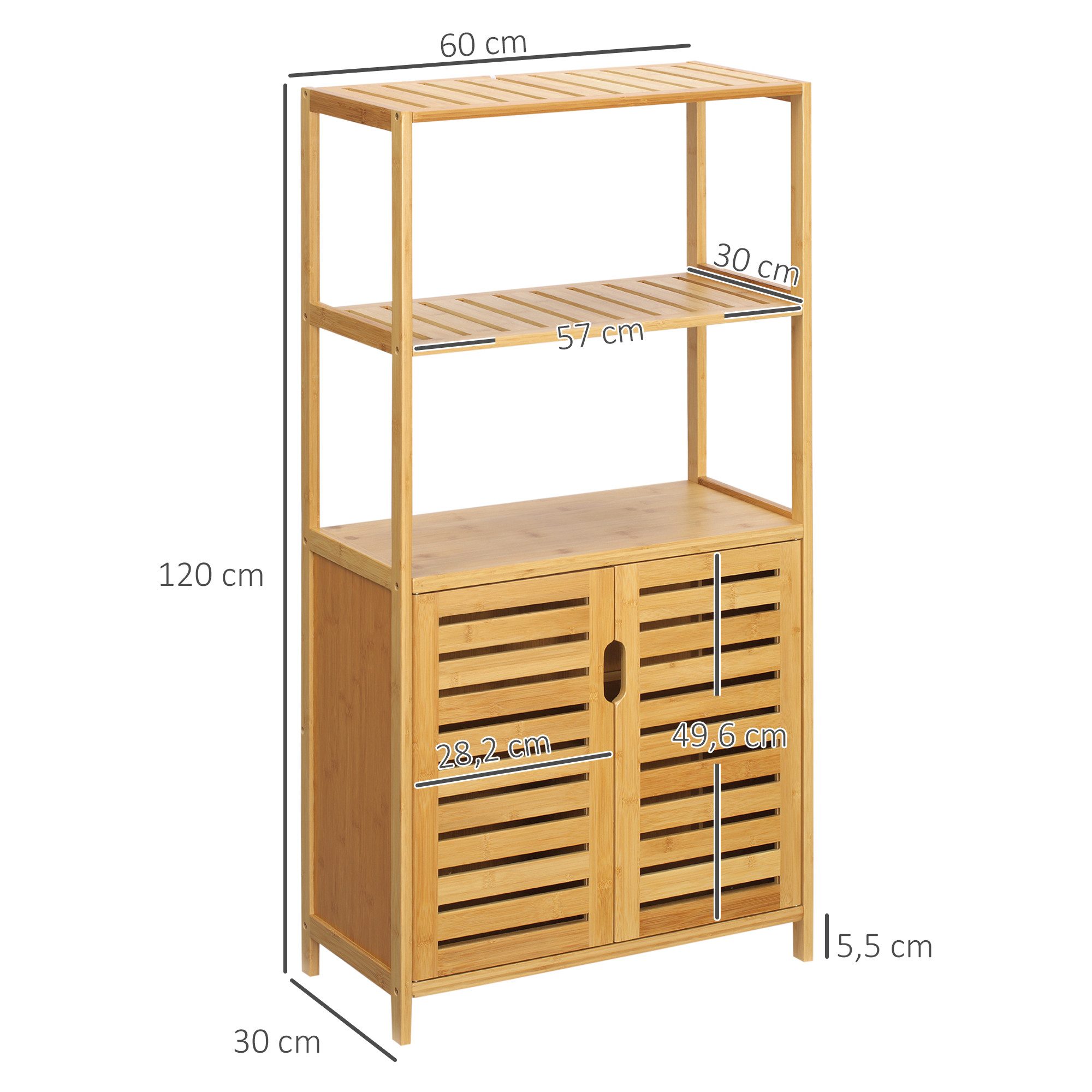 Kleankin Badkommode Küchen-/Aufbewahrungsschrank, 2 Lamellentüren, 2 offene Fächer (Badezimmerschrank aus Bambus, 1 St., Badschrank), für Badezimmer, Wohnzimmer – Bild 3 von 5