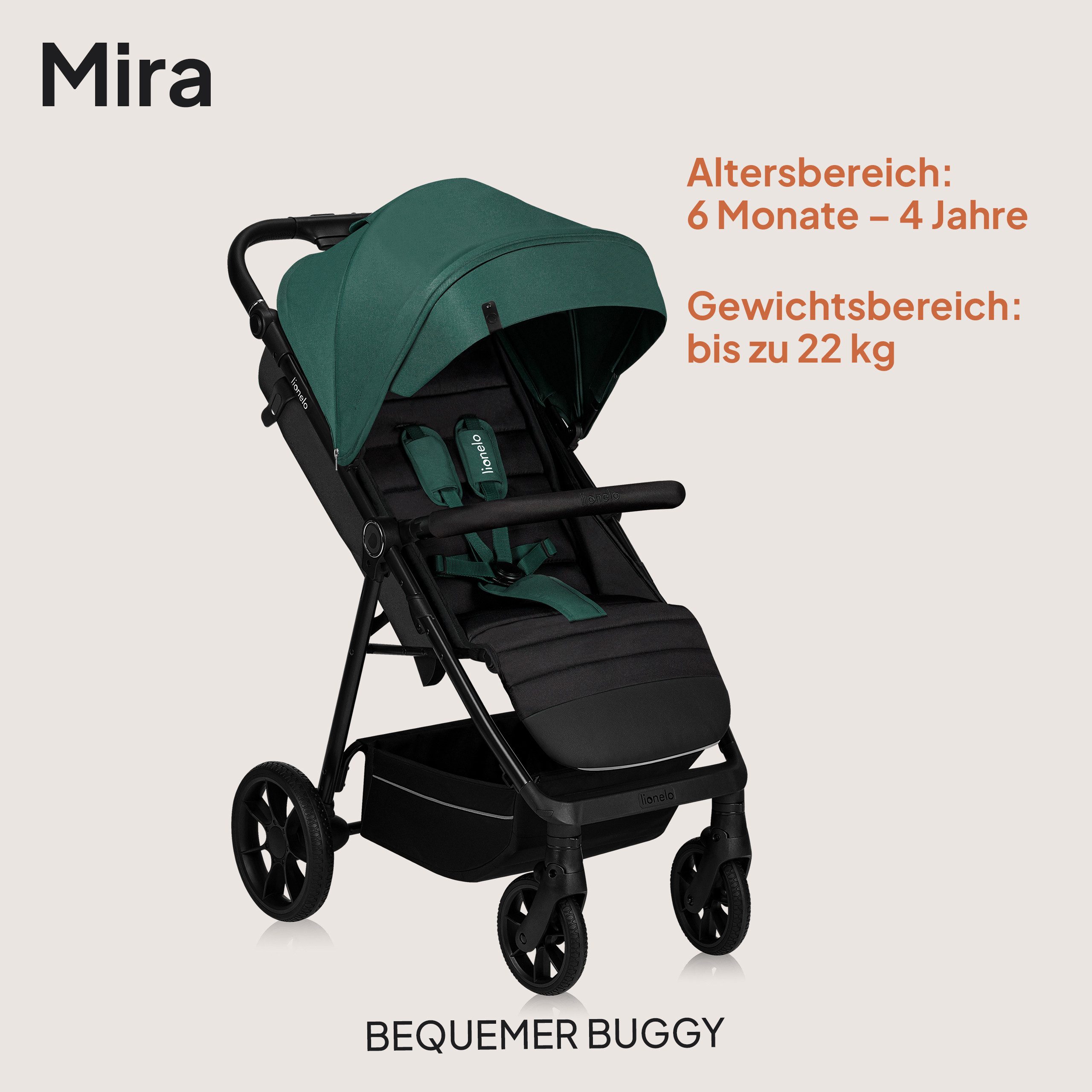 lionelo Kinder-Buggy MIRA, (Set mit Getränkehalter und Moskitonetz), XXL-Verdeck/UPF50+/92 cm Liegefläche/großer Korb/PU-Räder