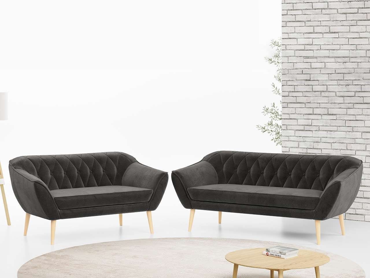 MKS MÖBEL Sofa PIRS 3 2, Skandinavischer Stil, Gesteppte Polsterung, Moderne Sofa Set 3 + 2 Grau Monolith