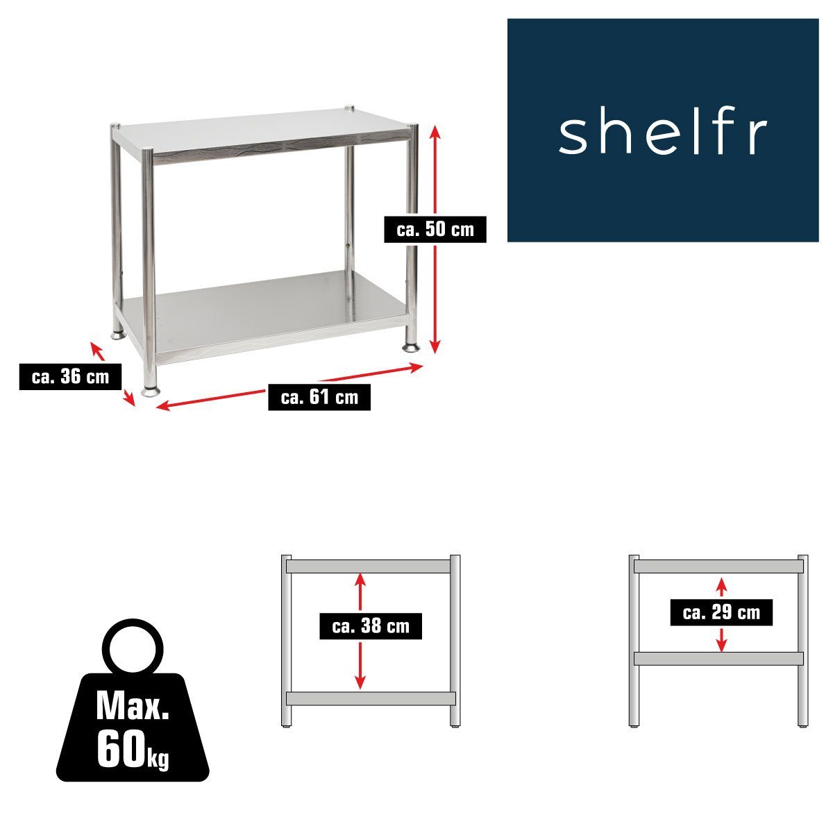 shelfr Regal mit 2 Ablagen - 61x36x50 Edelstahlregal - Schwerlastregal bis 60 kg, Industrial Style Regal - Standregal Metall - Küchenregal Ablageregal – Bild 5 von 5
