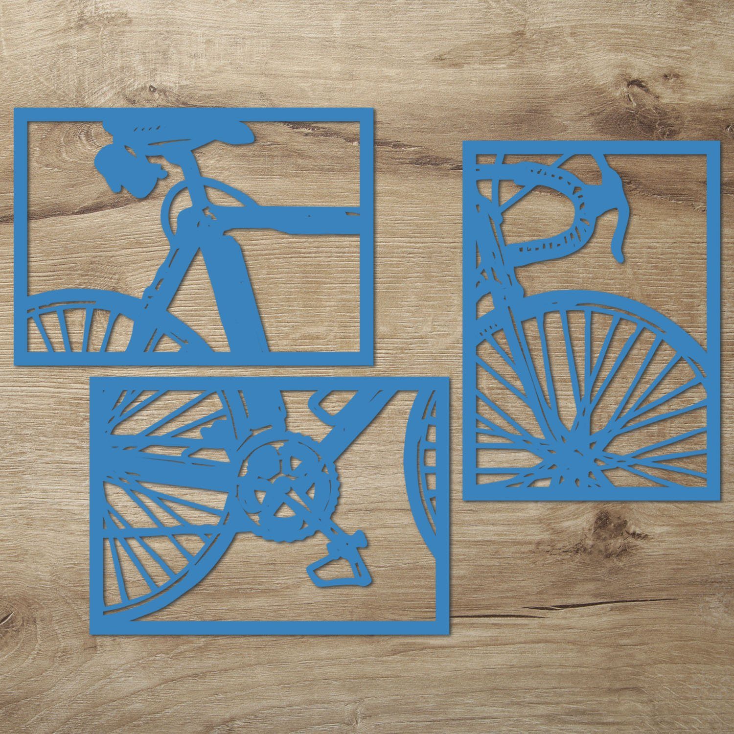 Namofactur Wanddekoobjekt XXL Fahrrad (3-teilig), zuhause Hellblau Wandbild Außergewöhnliches Dein Holz-Wandtattoo für Holz aus