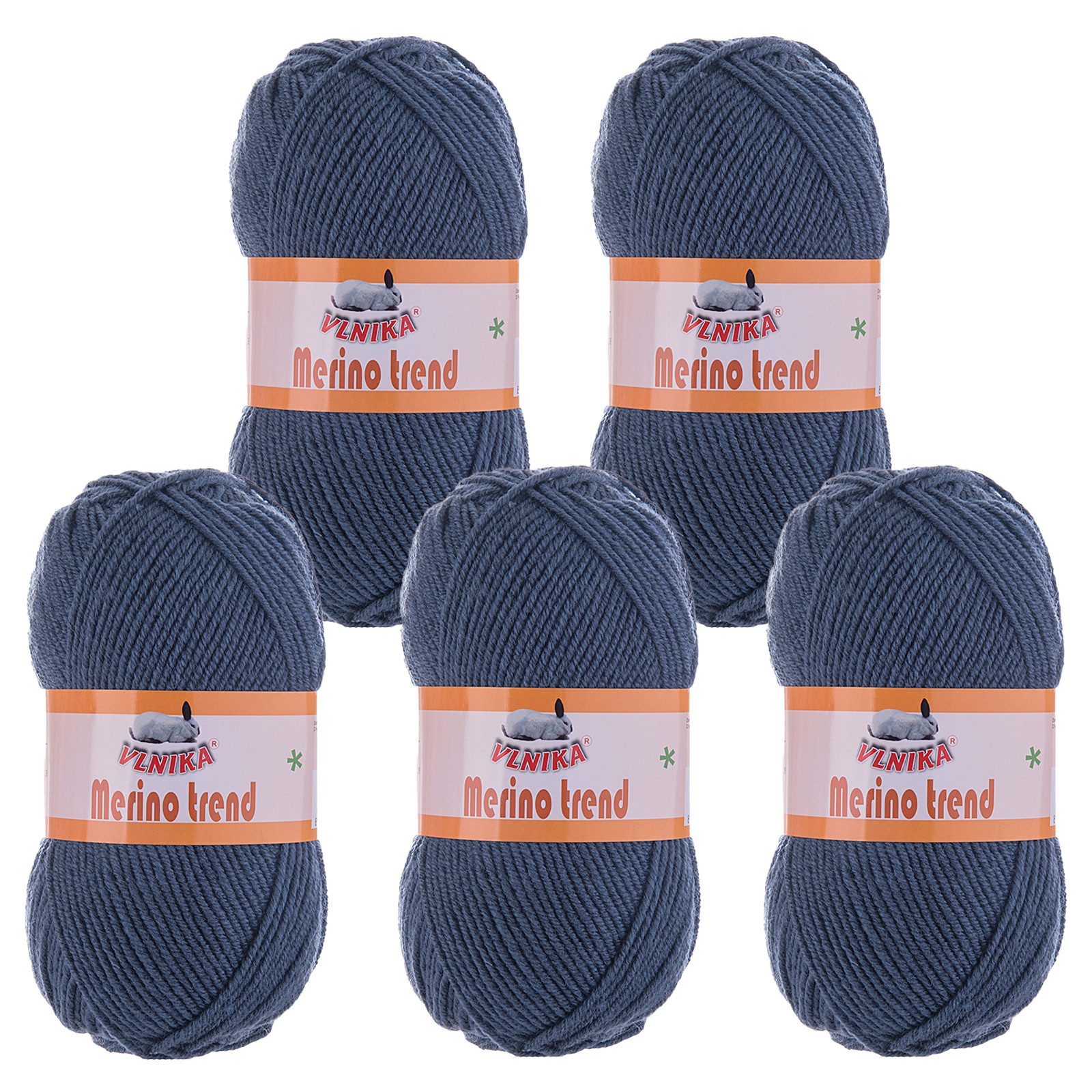 VLNIKA 5 x 100g Strickgarn Merino trend Häkelwolle, 200 m, 112 jeansblau