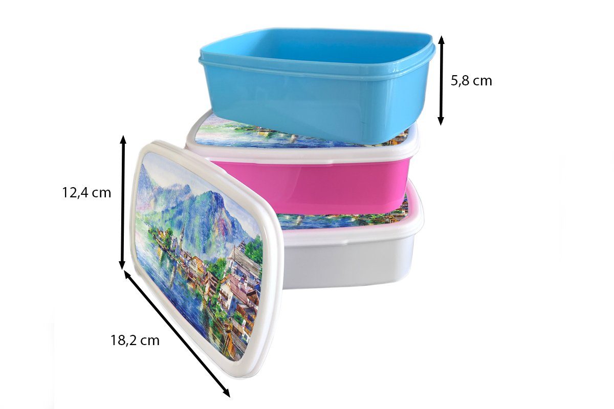 MuchoWow Brotbox Snackbox, Haus Ölfarbe Kunststoff Kunststoff, für - Berge Erwachsene, Brotdose - Mädchen, Kinder, Lunchbox - (2-tlg), rosa Gemälde - Wasser,
