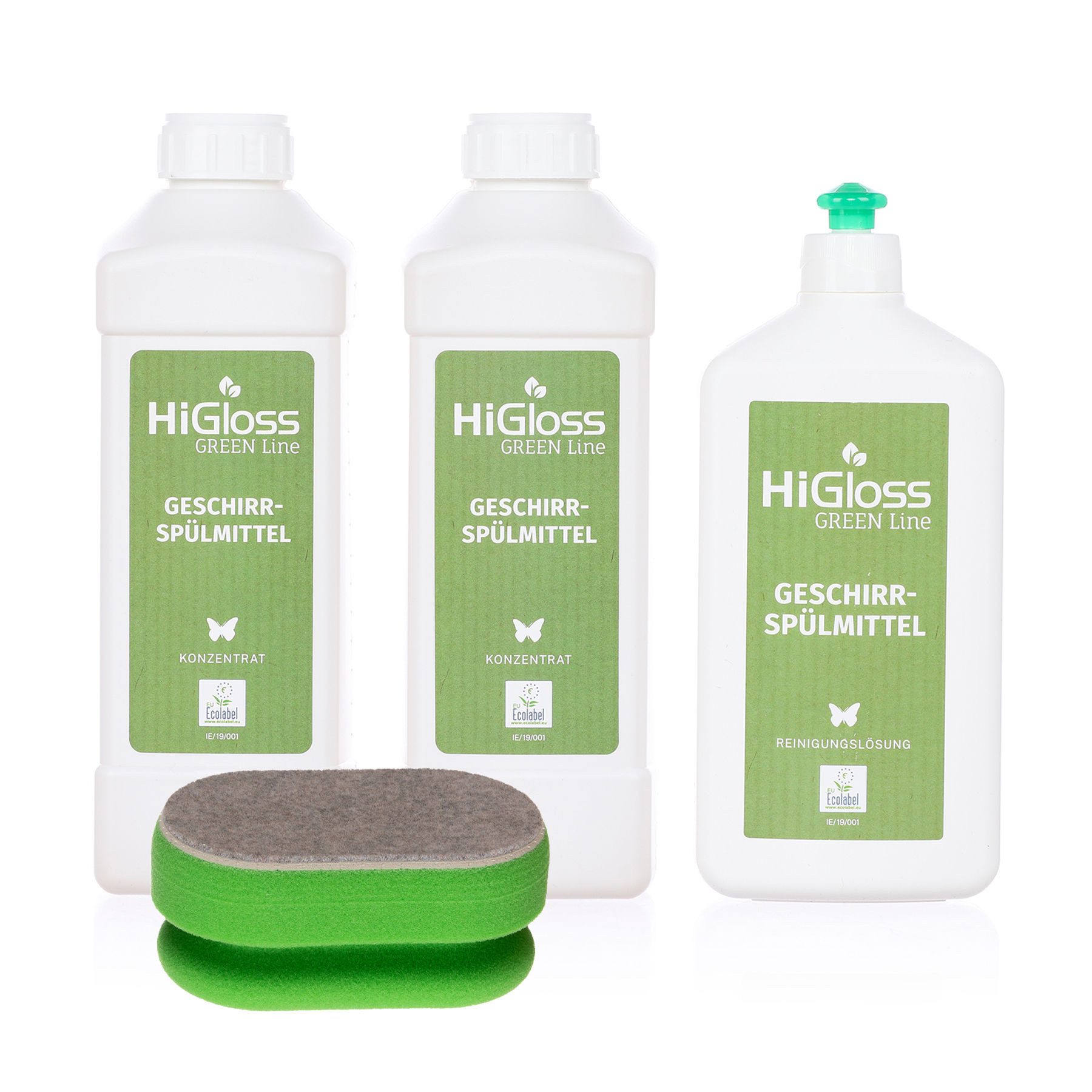 HiGloss Green Line Geschirrspülkonzentrat Set Reinigungskonzentrat (4-St. 4 teiliges Set inkl. Insta-Schwamm, für strahlend sauberes Geschirr)
