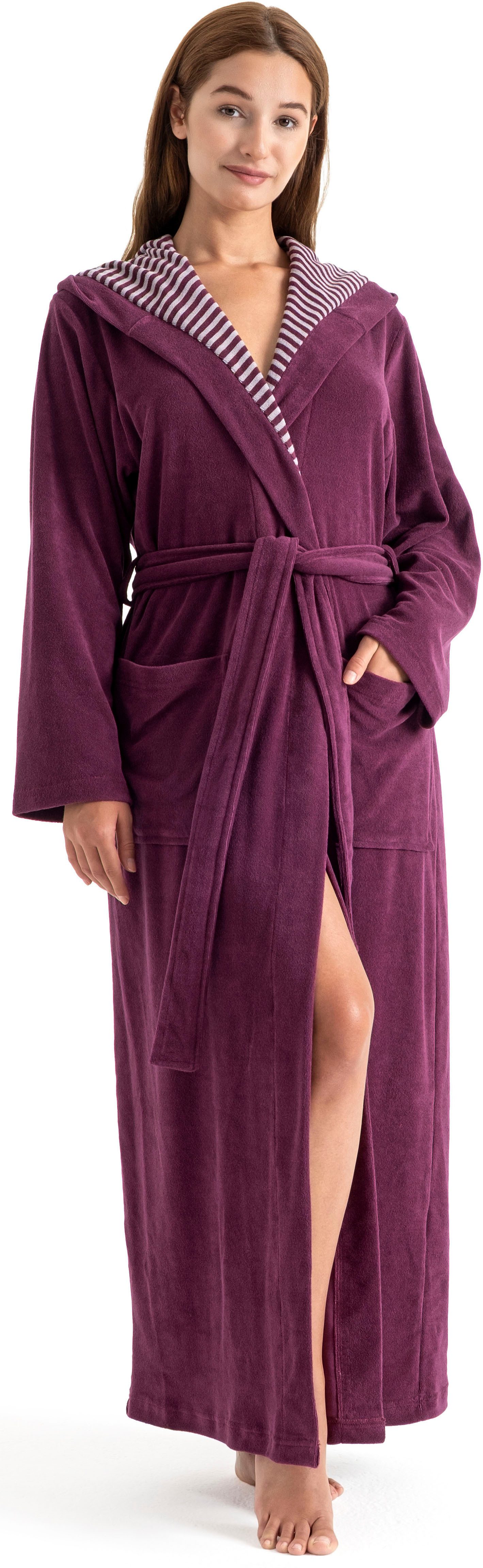 KangaROOS Damenbademantel Dalia, ideal für Sauna & Spa, Standardlänge & Überlänge, Langform, Leichtfrottier, Kapuze, Gürtel, Uni-Farben mit Streifen, Taschen, leicht, XS-3XL, auch in extra lang