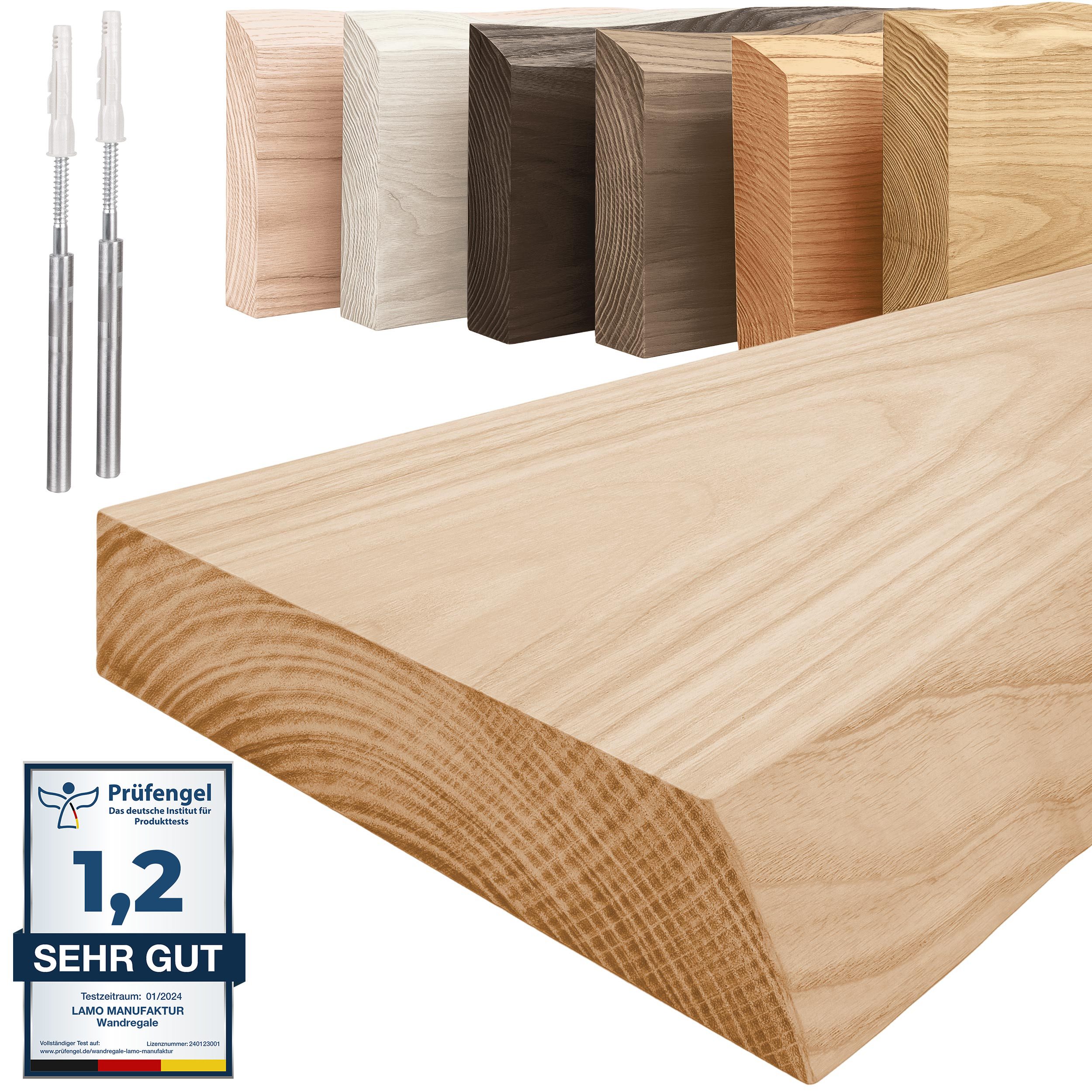 LAMO Manufaktur Wandregal Holz Baumkante, Regal Farbe: Natur, Invisible: Schweberegal, 40 cm, Komplett-Set, 40mm stake Massivholzplatte
