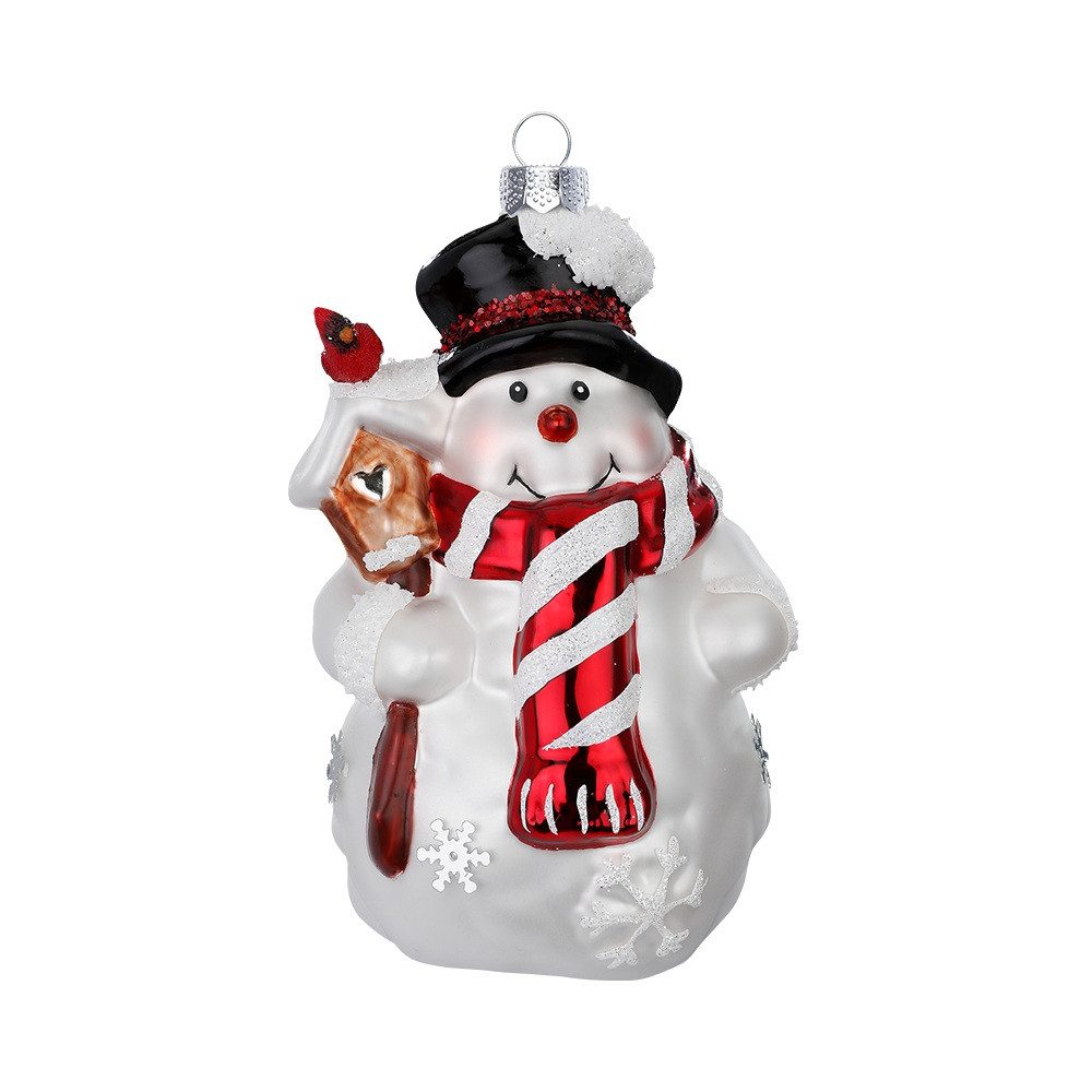 MAGIC by Inge Christbaumschmuck, Christbaumschmuck Glas Schneemann mit Hut und Vogel 12.5cm rot / weiß