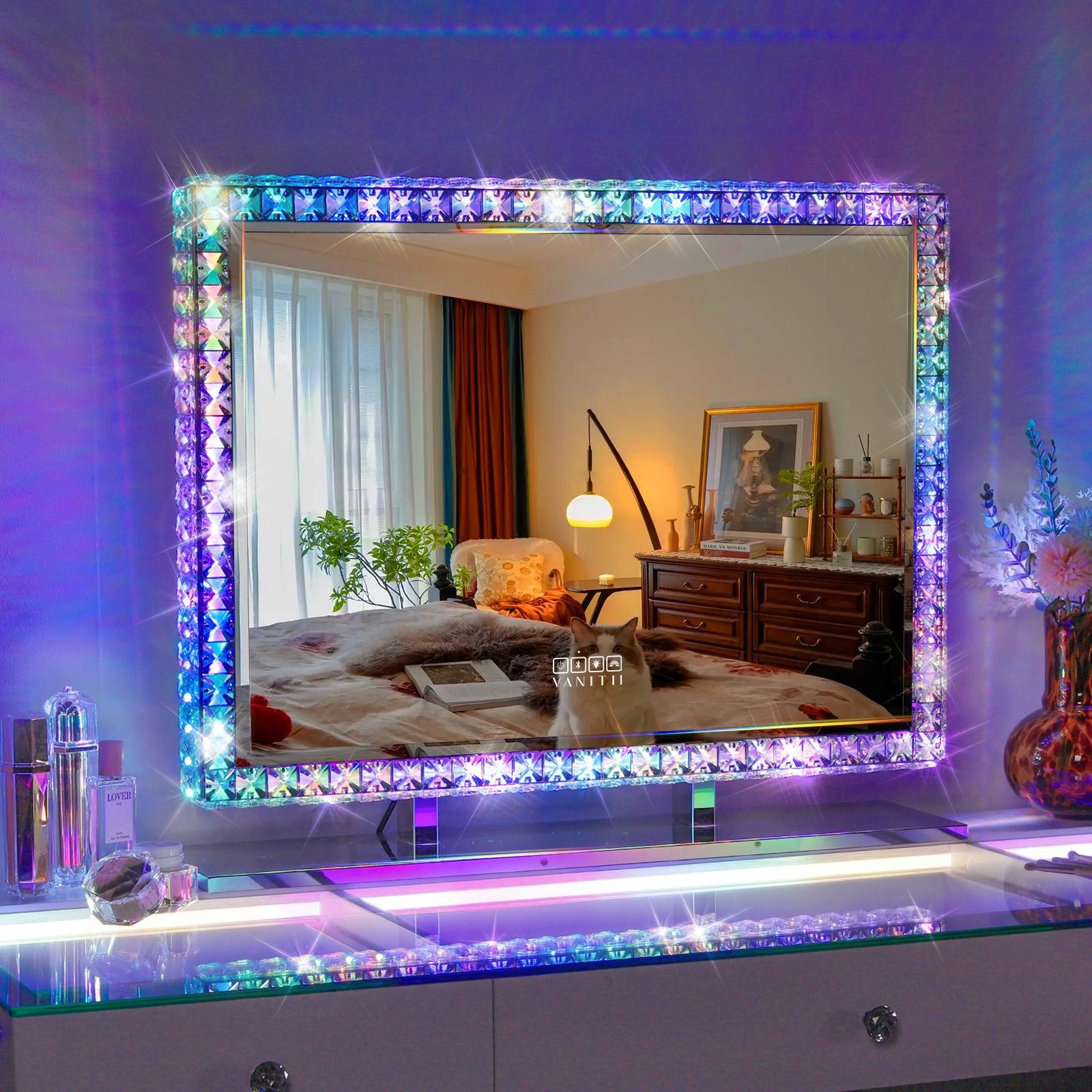 FENCHILIN Schminkspiegel mit umlaufender LED-Lichtleiste und Strasssteinen, 80 x 60 x15 cm (1-St), Bluetooth-Lautsprecher, USB-Ladeanschluss, Facettenschliff-Rahmen
