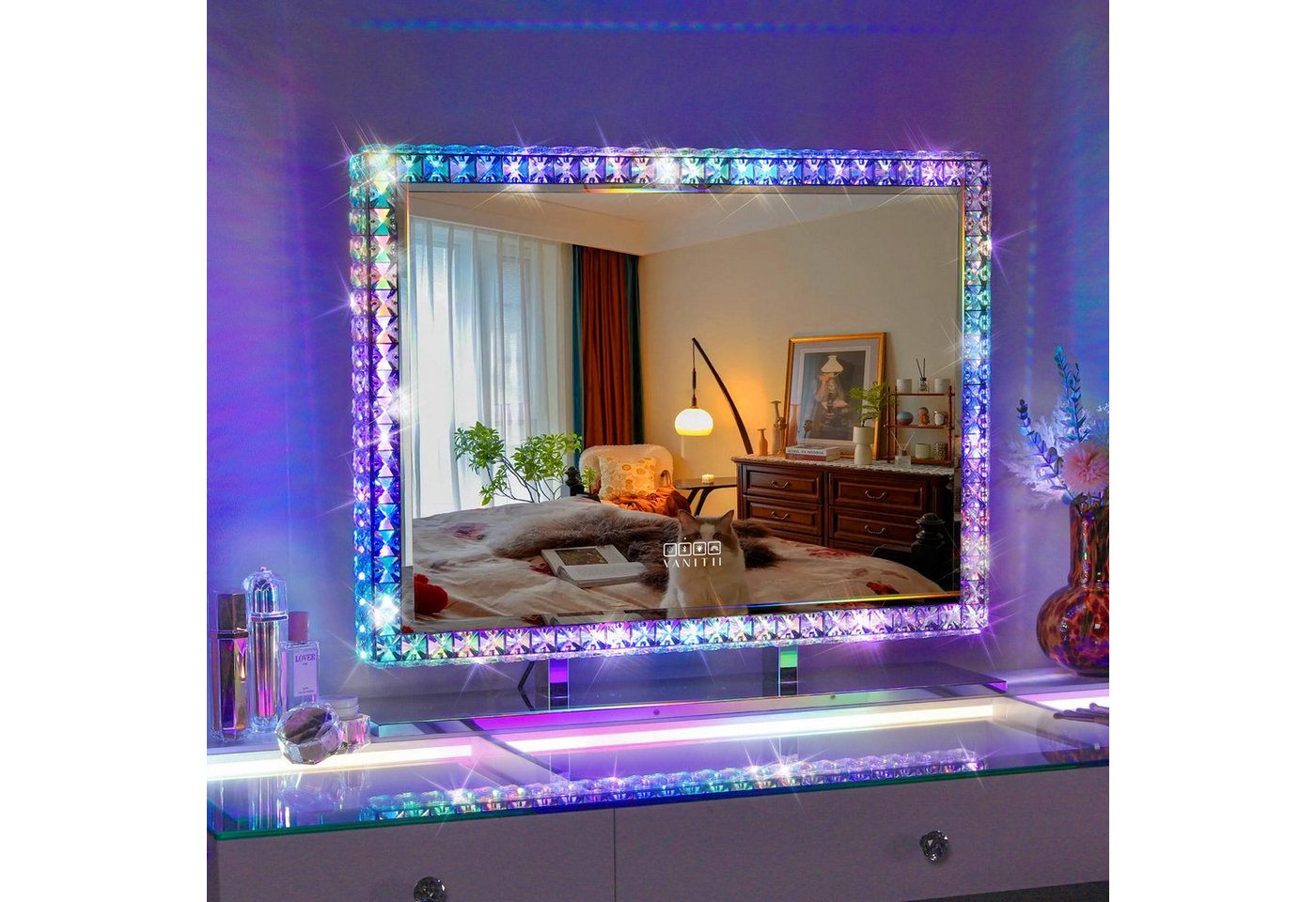 FENCHILIN Schminkspiegel mit umlaufender LED-Lichtleiste und Strasssteinen, 80 x 60 x15 cm (1-St), Bluetooth-Lautsprecher, USB-Ladeanschluss, Facettenschliff-Rahmen