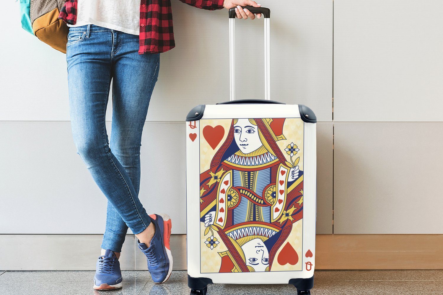 MuchoWow Handgepäckkoffer Illustrierte Spielkarte Trolley, einer Ferien, Herzdame, Reisetasche 4 Reisekoffer Handgepäck mit für Rollen, rollen