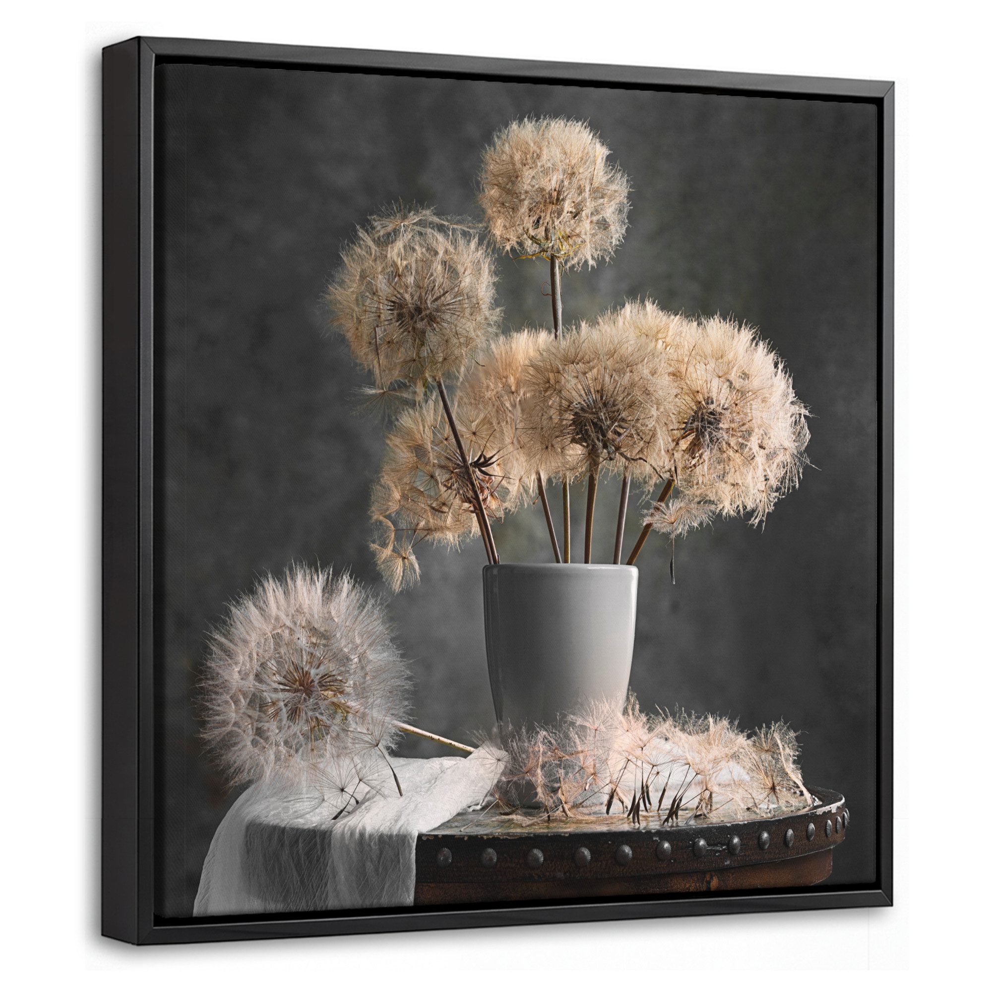 OneMillionCanvasses® Leinwandbild mit Rahmen - Blumensamen - Löwenzahn - Vase - Stilleben - Blumenstrauß, Fotodruck (1 St), Leinwand Bilder Klein, Wand Dekoration Aesthetic 20x20cm
