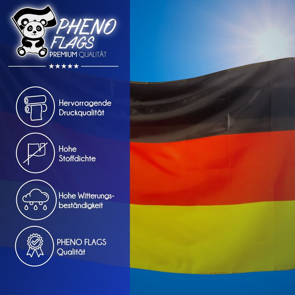 PHENO FLAGS Flagge Premium Deutschland Flagge 90 x 150 cm Fahne ohne Adler (Hissflagge für Fahnenmast), Inkl. 2 Messing Ösen