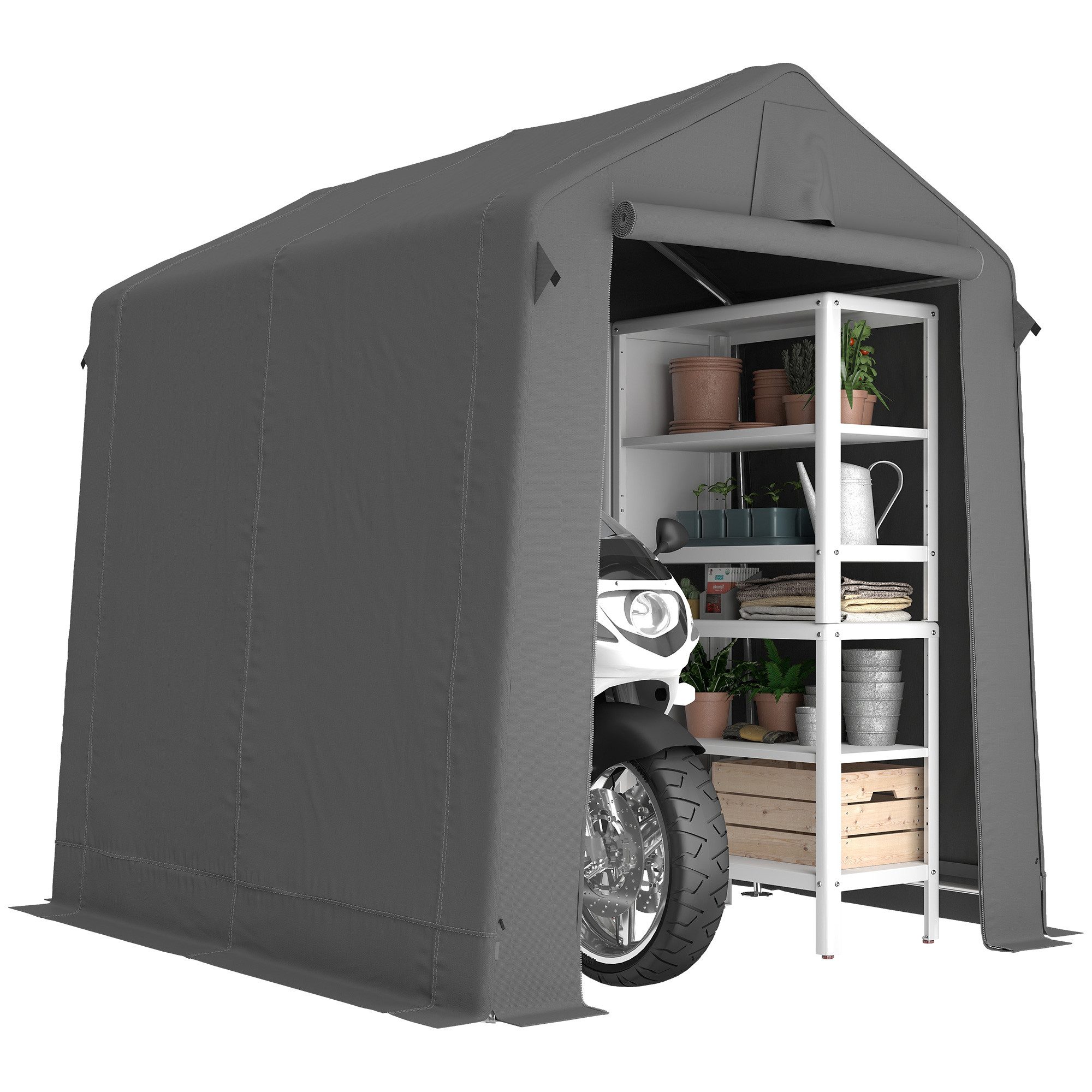 Outsunny Gerätezelt mit Rollbar Reißverschlusstür, Belüftung, Satteldach, Personen: 2 (Zeltgarage, 1 tlg., Garagenzelt), für Gartengeräte, Motorrad Dunkelgrau